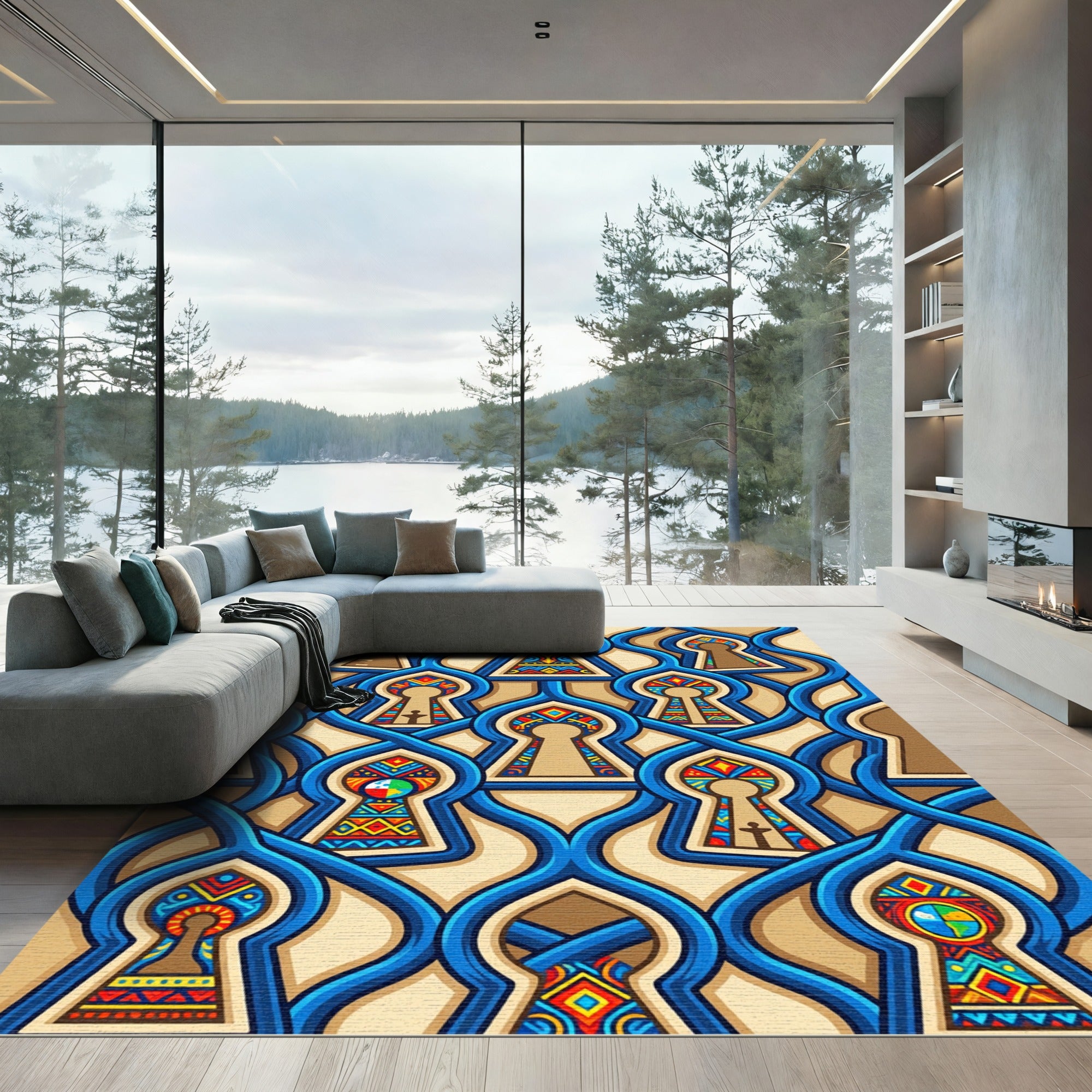 Vibrant Cobalt Interconnected Keyhole Art Rug