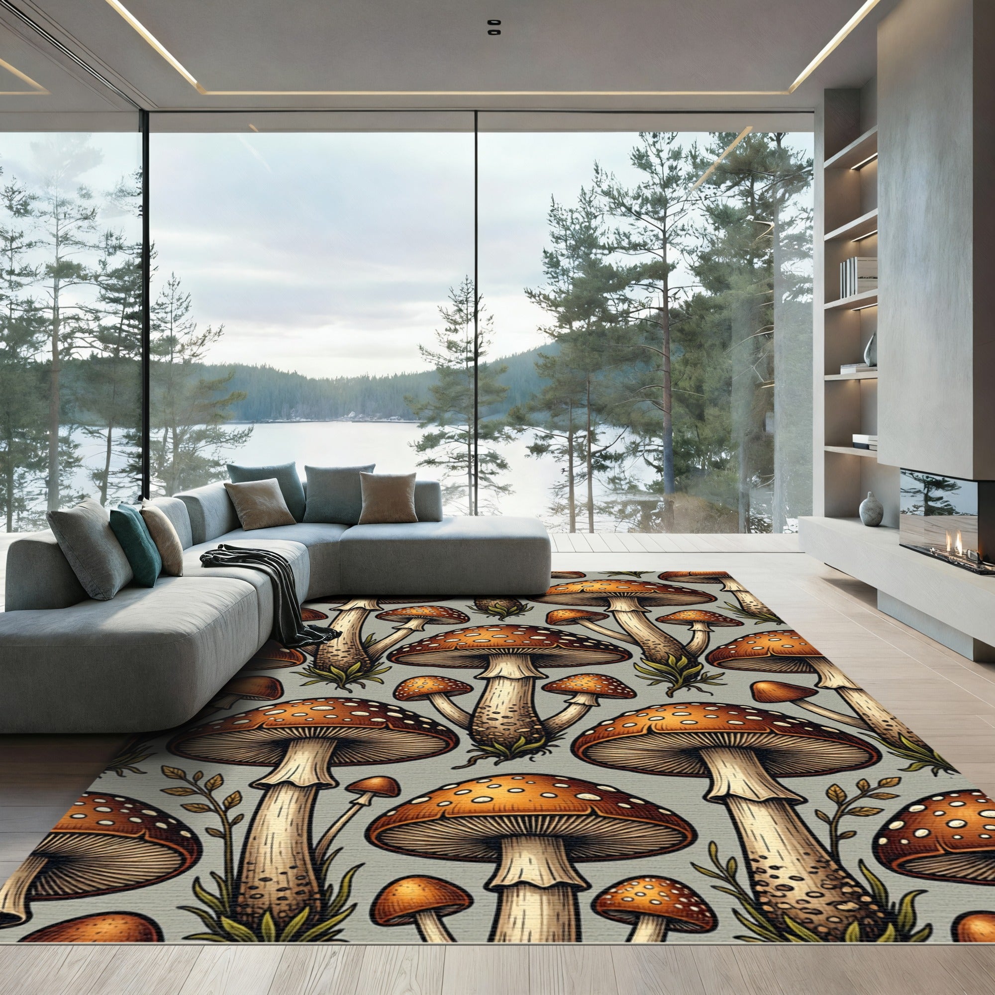 Earthy Botanical Woodland Mushroom Forest Rug
