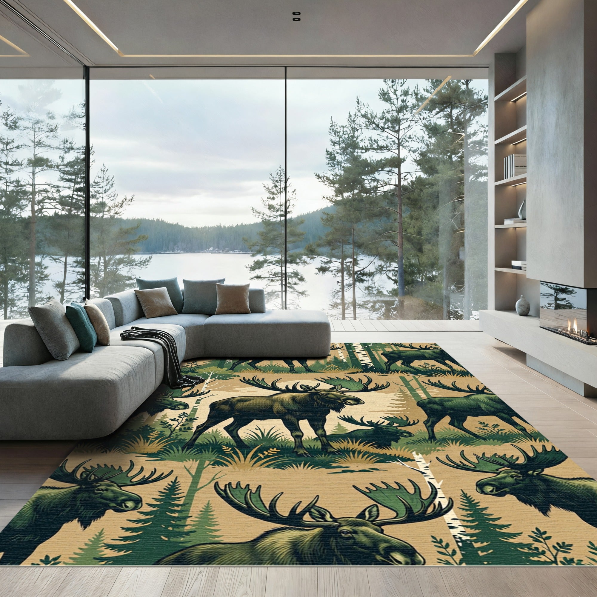 Earthy Beige Forest Moose Wildlife Rug