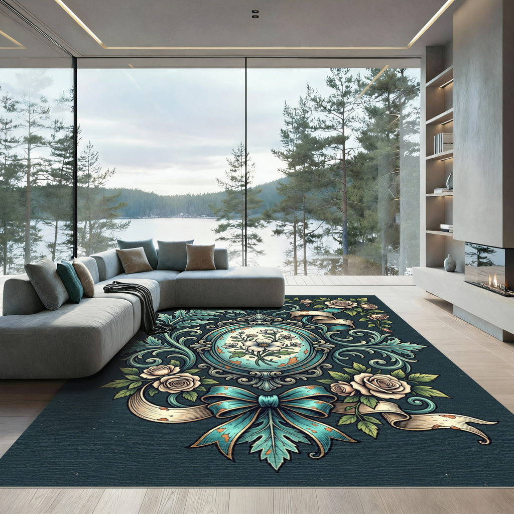 Elegant Teal Rose Floral Cameo Rug
