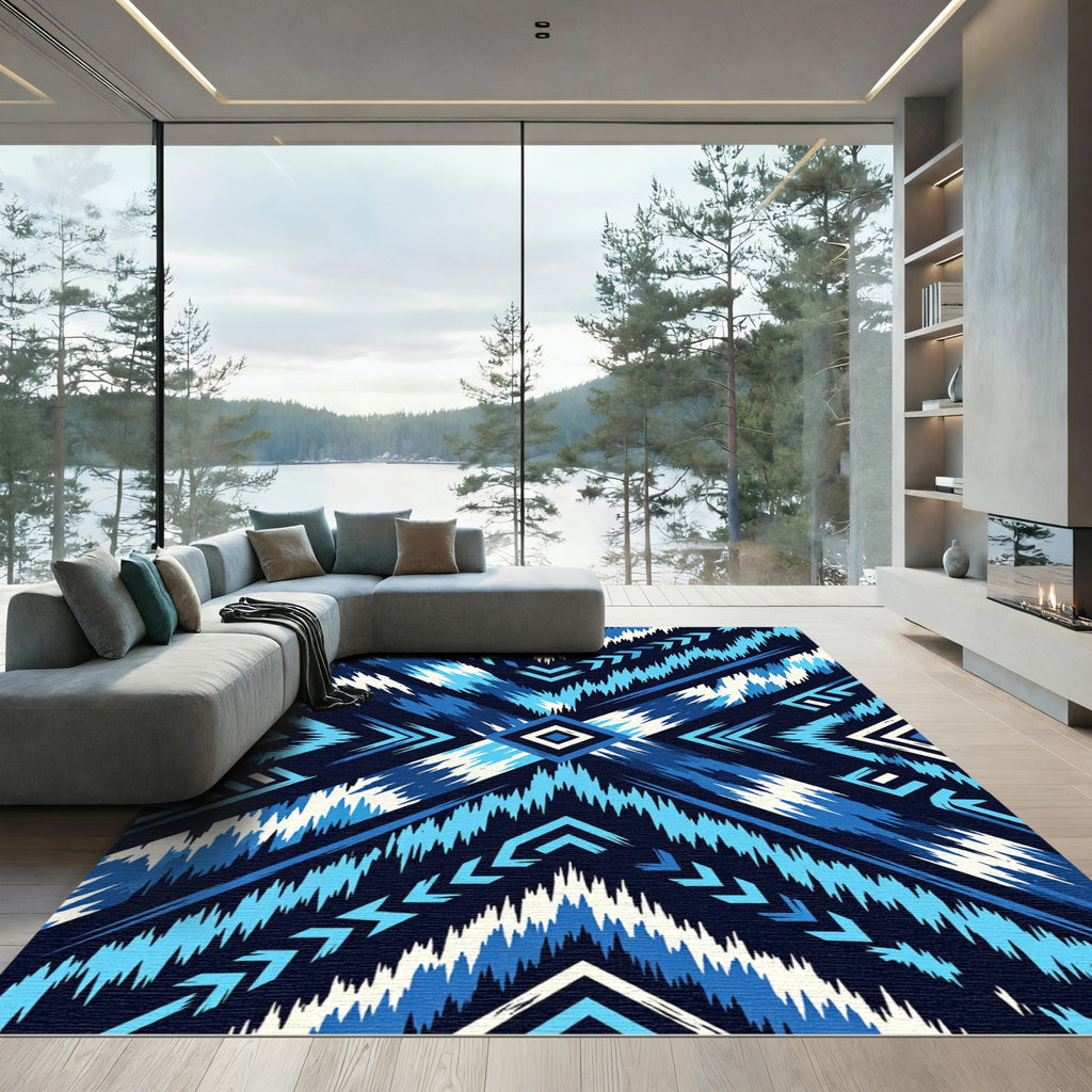 Blue Geometric Chevron Ikat Diamond Rug