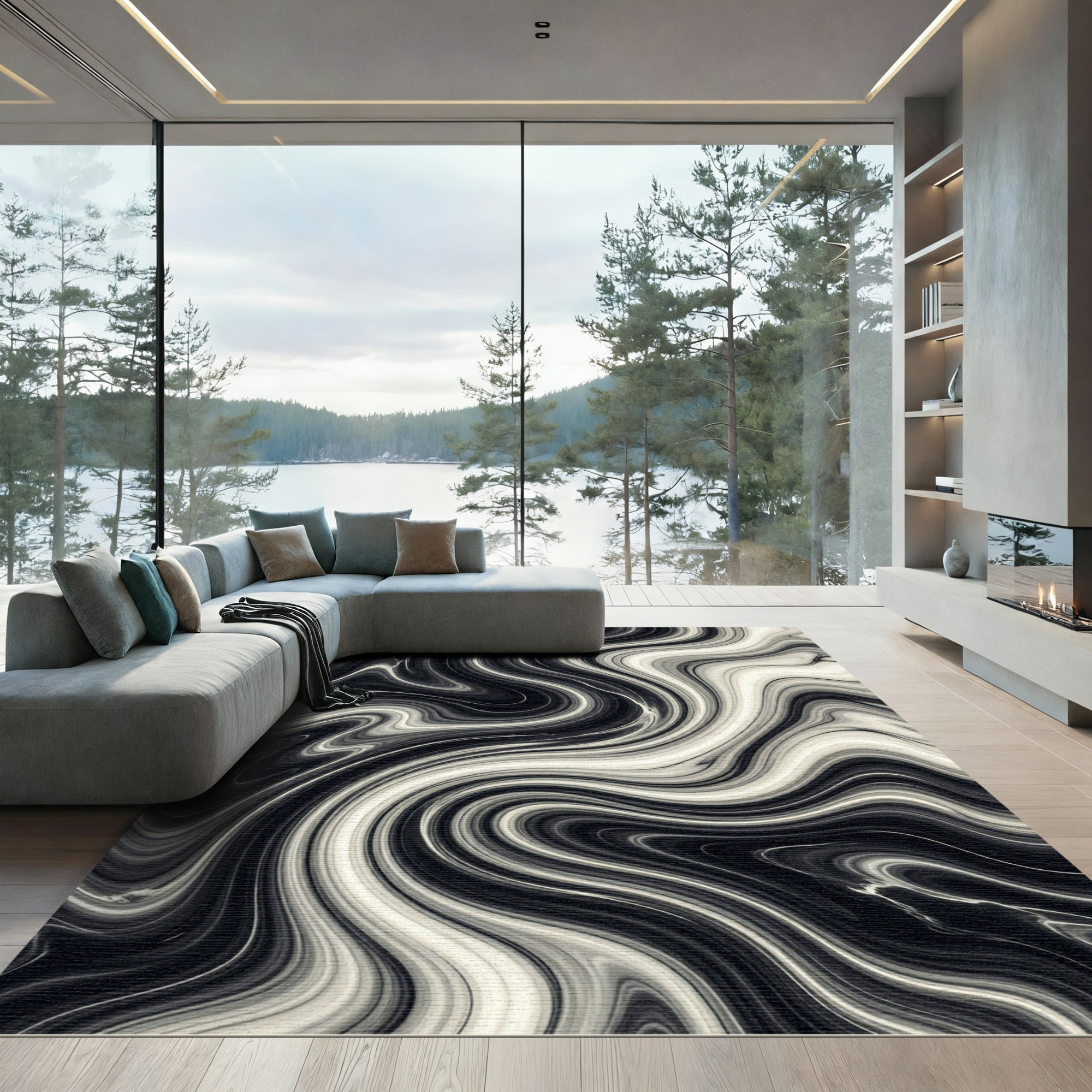 Monochromatic Swirl Abstract Black White Rug
