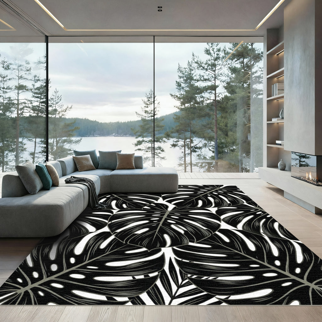 Dramatic Black Tropical Leaf Collage Rug