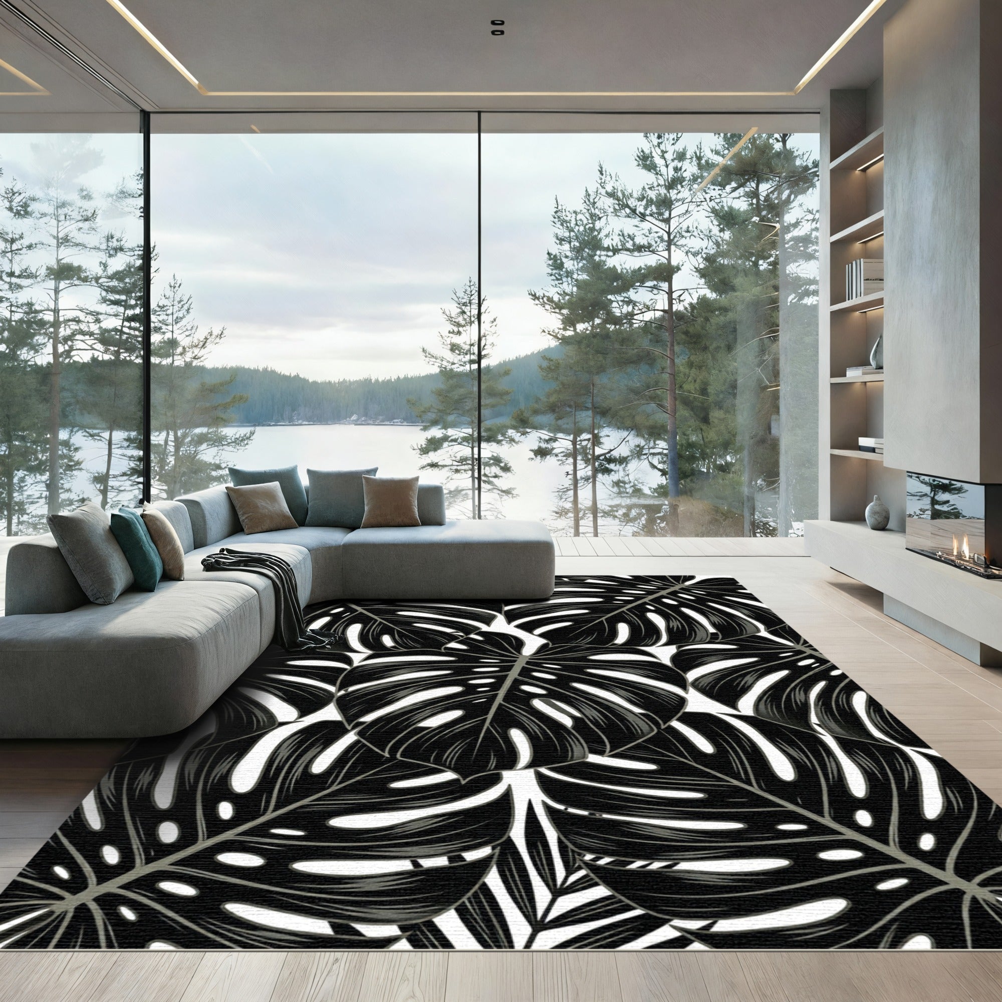 Dramatic Black Tropical Leaf Collage Rug