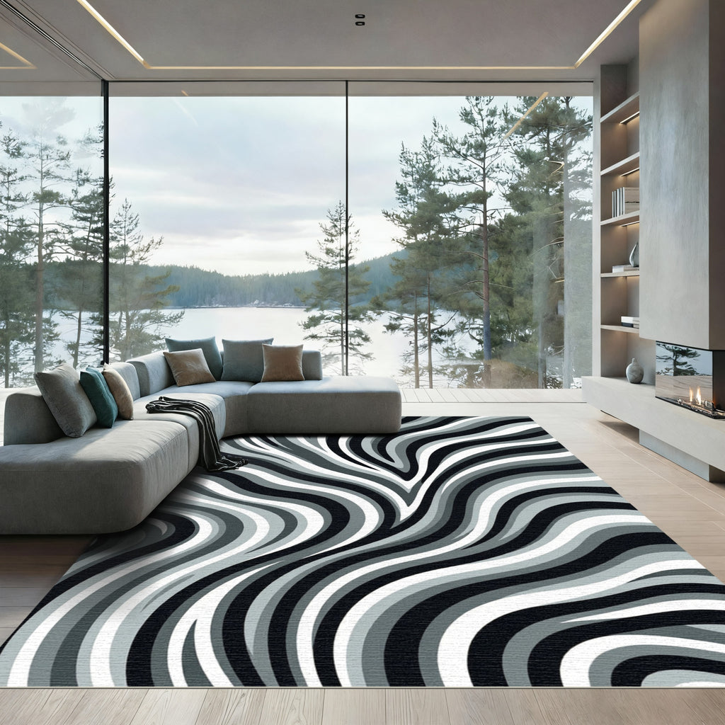 Contrasting Greyscale Flowing Lines Rug