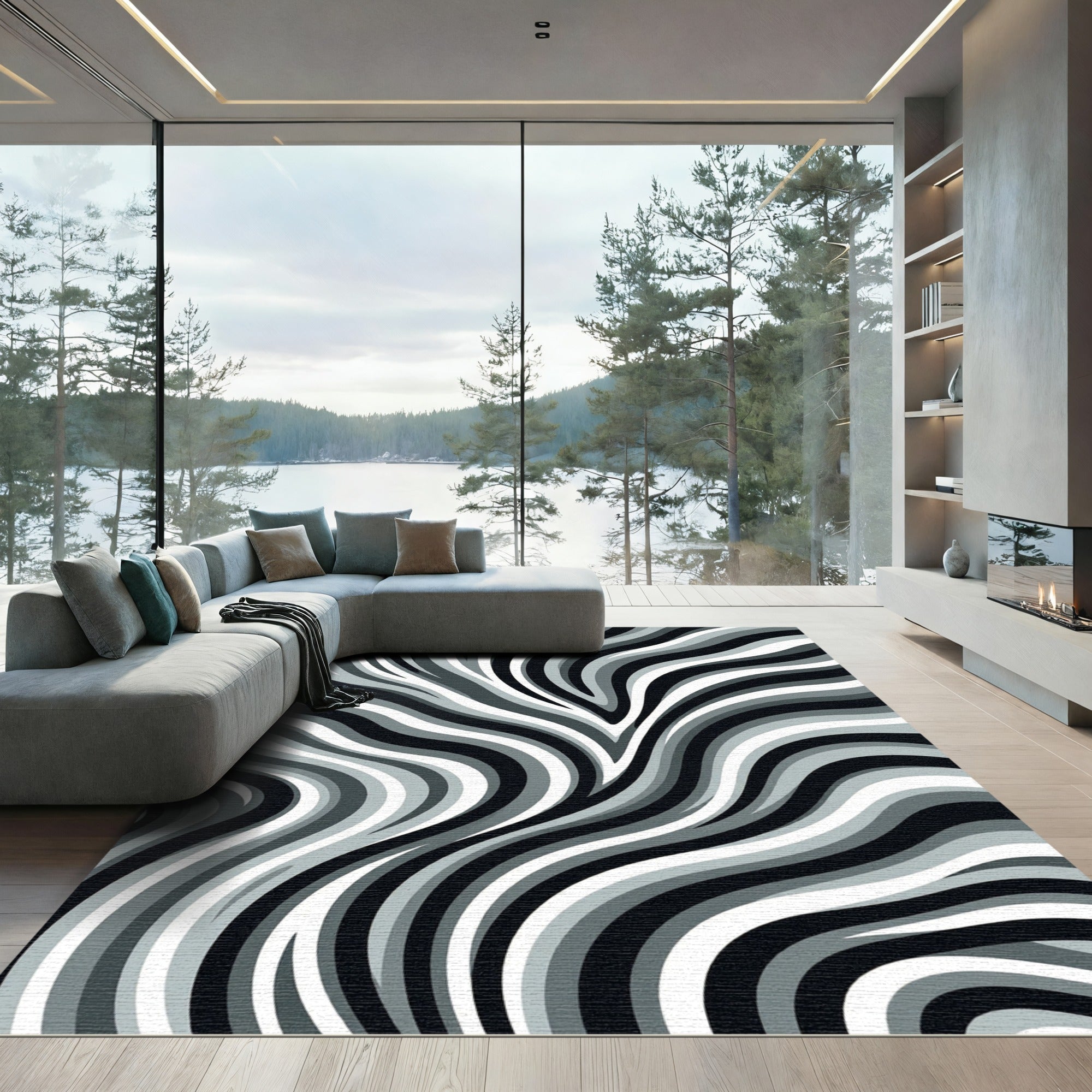Contrasting Greyscale Flowing Lines Rug