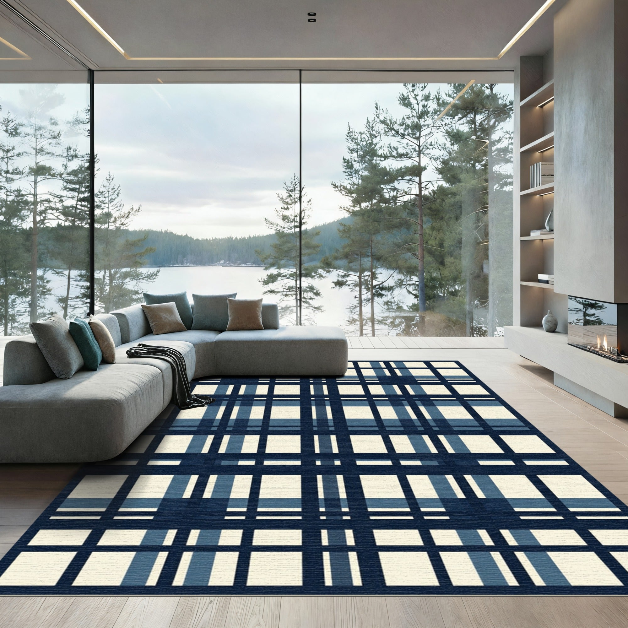 Navy and Cream Plaid Grid Rug
