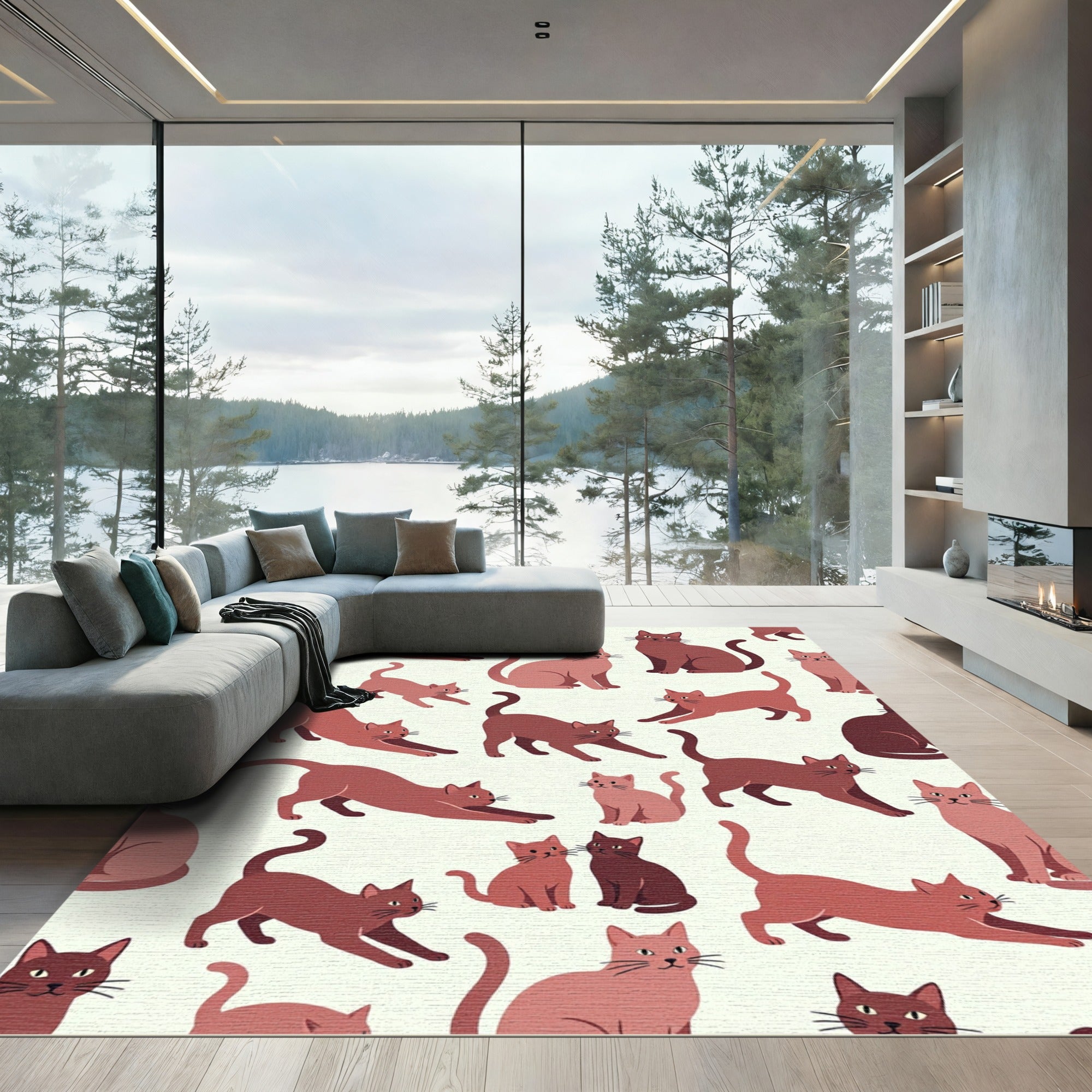 Whimsical Dusty Rose Cat Illustrator Rug