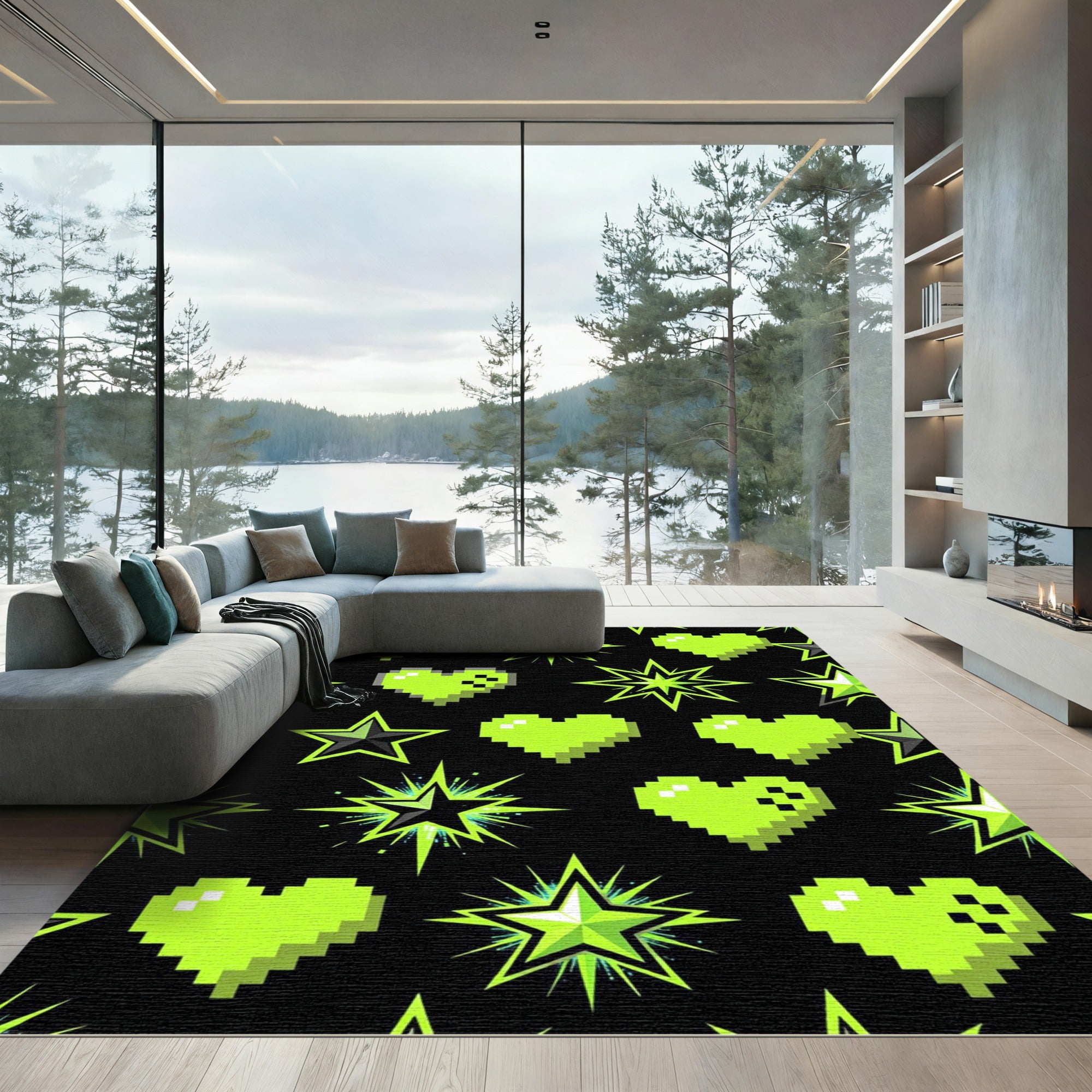 Neon Pixelated Hearts and Radiating Stars Rug