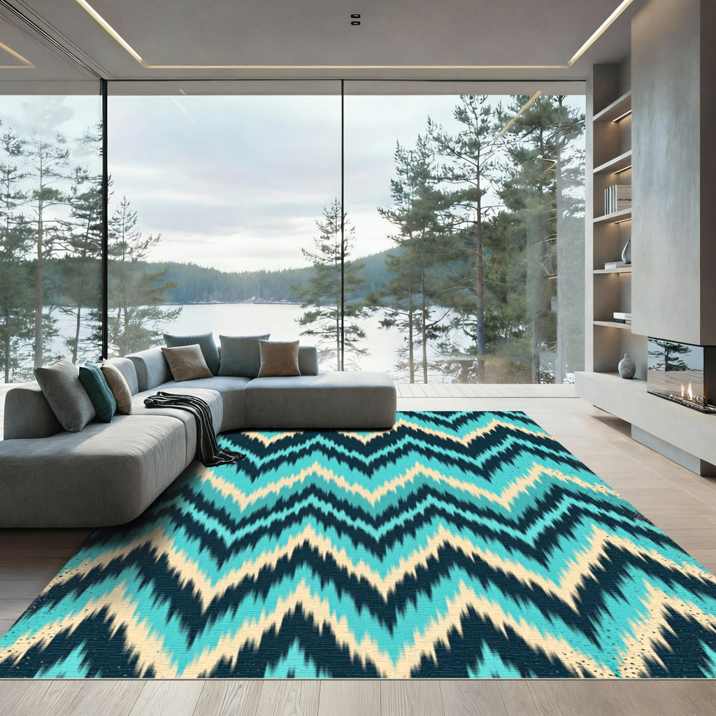 Vivid Turquoise Teal Chevron Ikat Rug
