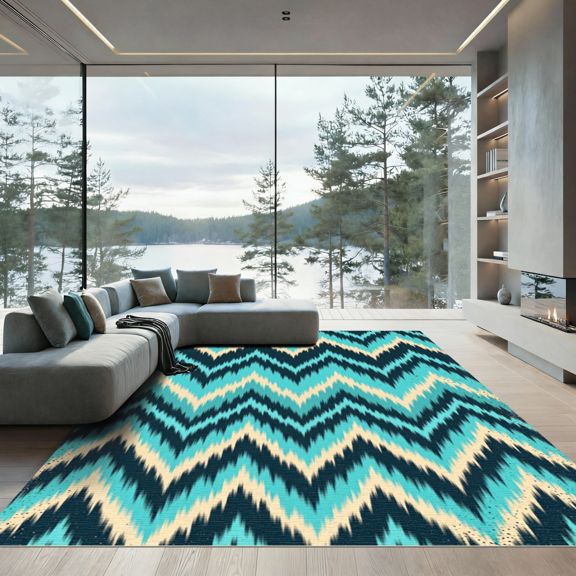 Vivid Turquoise Teal Chevron Ikat Rug