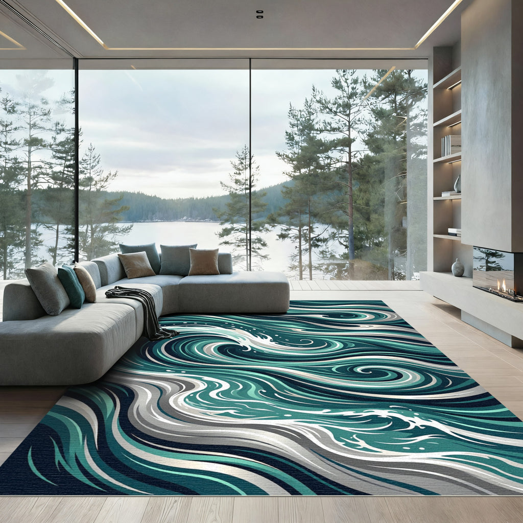 Swirling Teal and White Oceanic Waves Rug