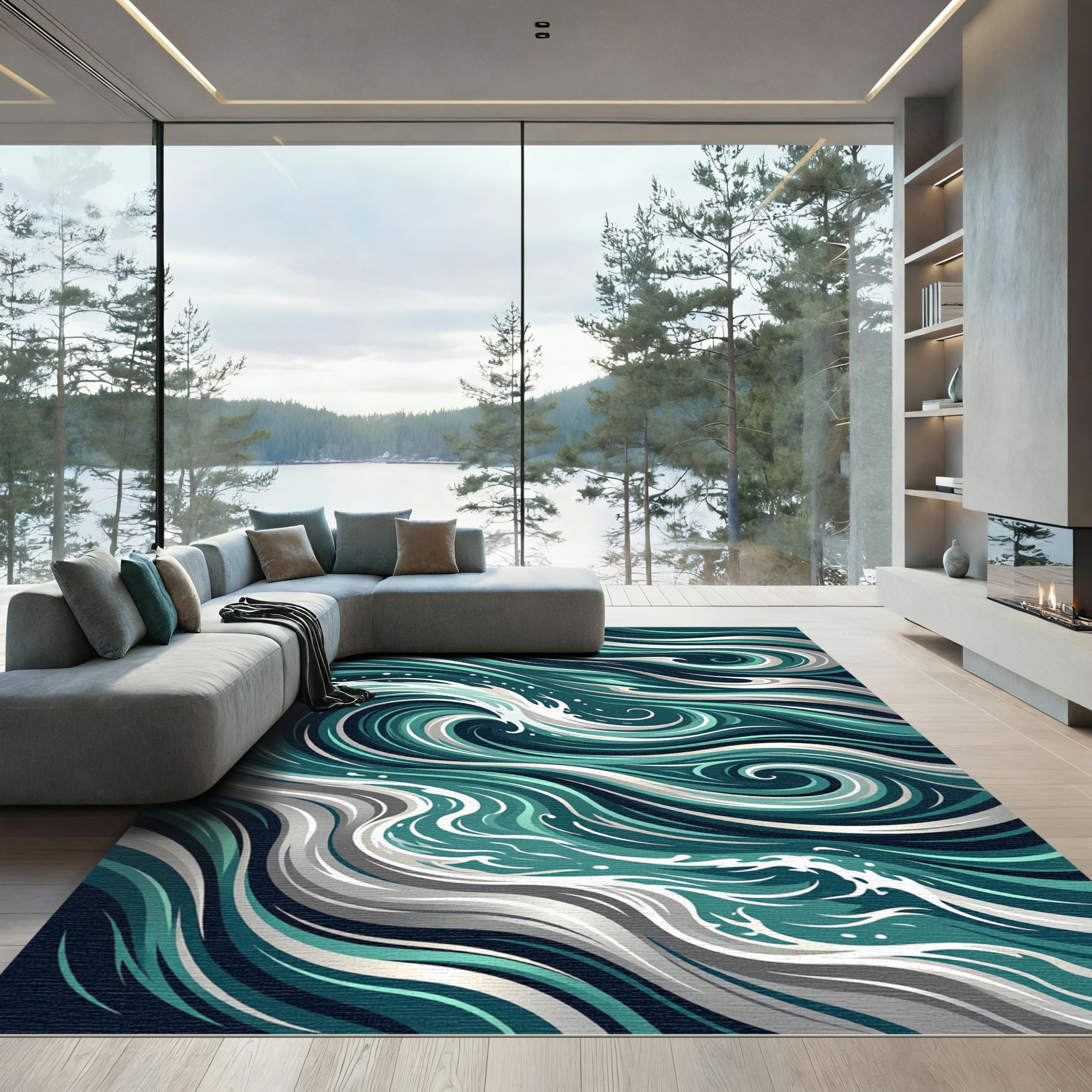 Swirling Teal and White Oceanic Waves Rug