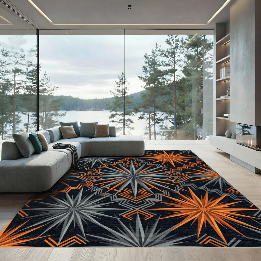 Sharp Orange Gray Starburst Geometric Rug