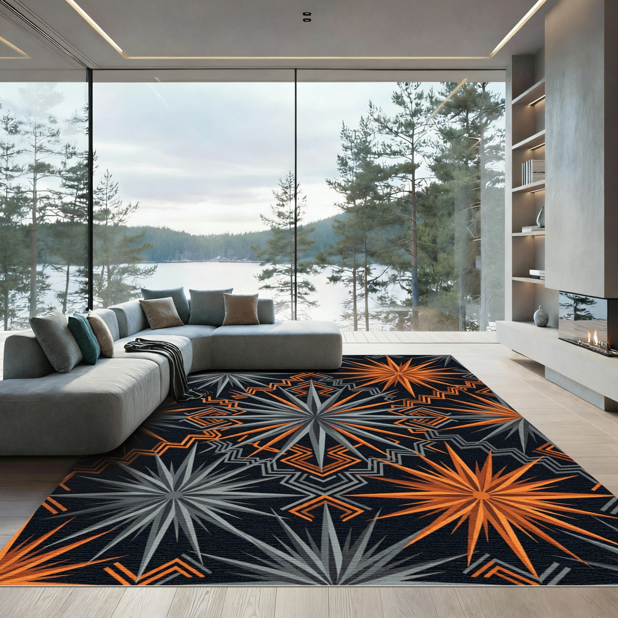 Sharp Orange Gray Starburst Geometric Rug