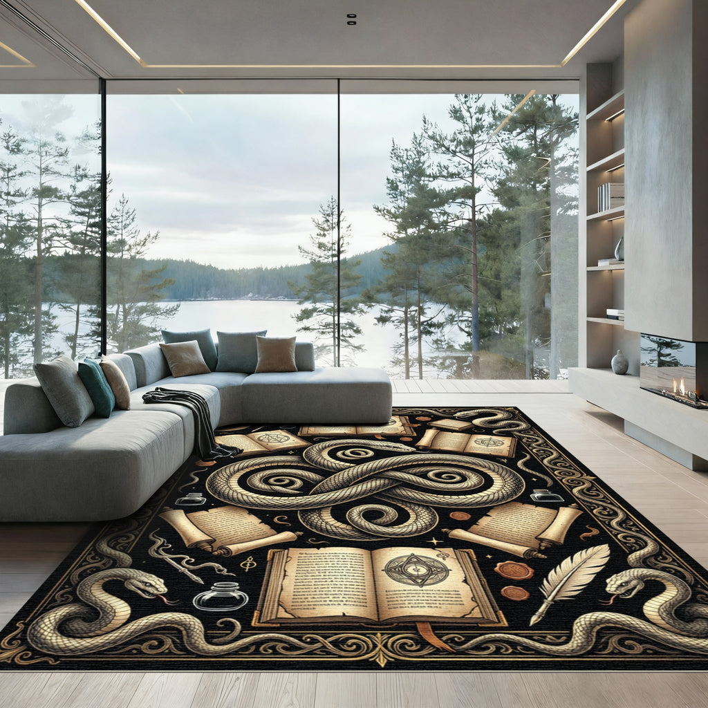Occult Serpent Gold and Black Art Rug