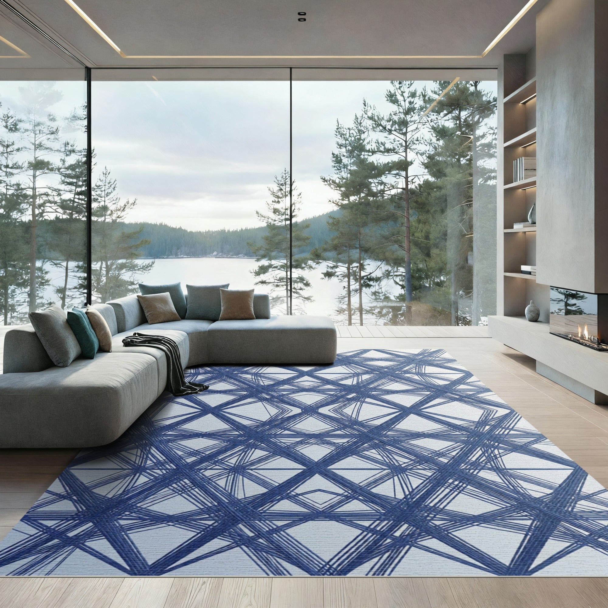 Deep Blue Intersecting Geometric Lattice Rug