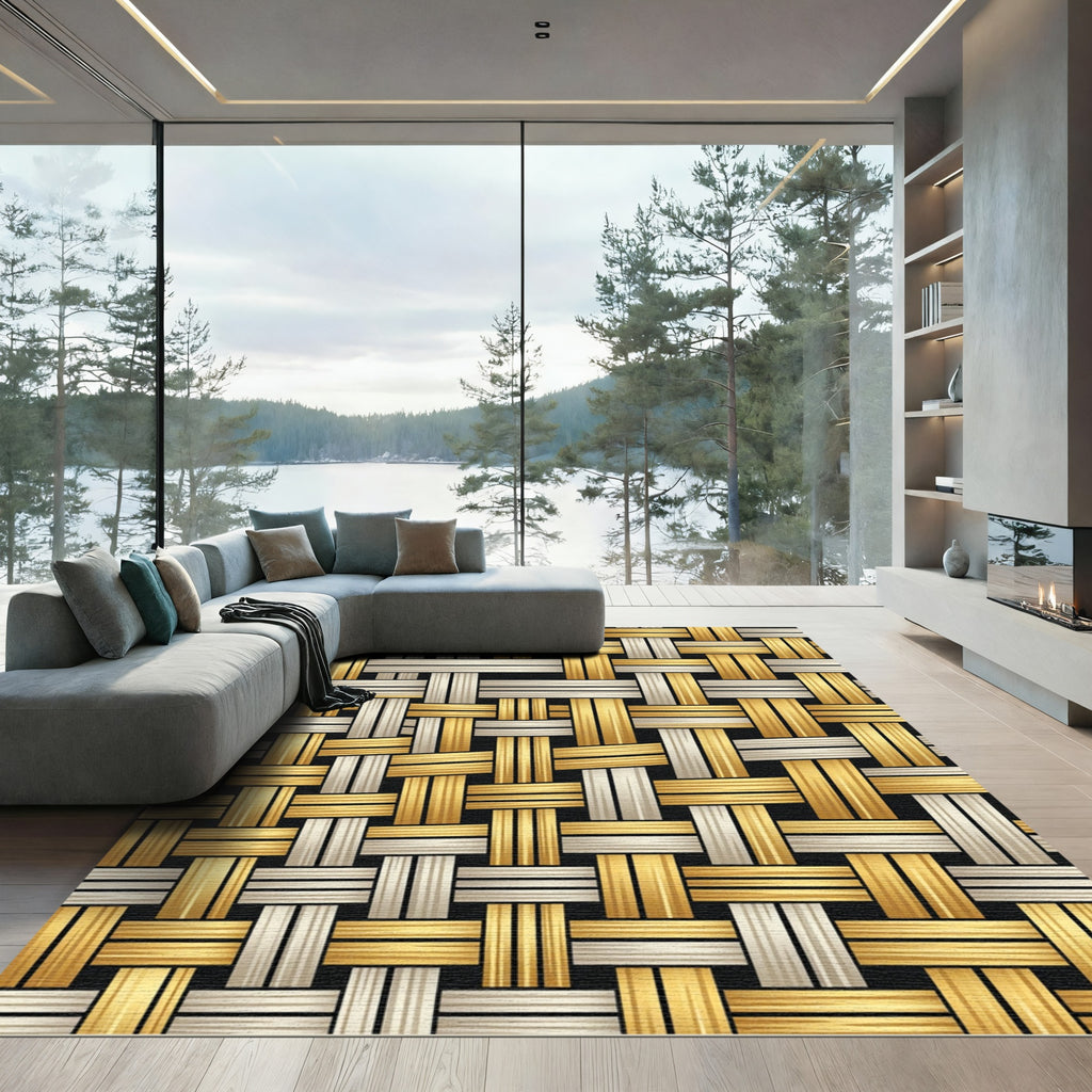 Golden Metallic Interwoven Woven Grid Rug