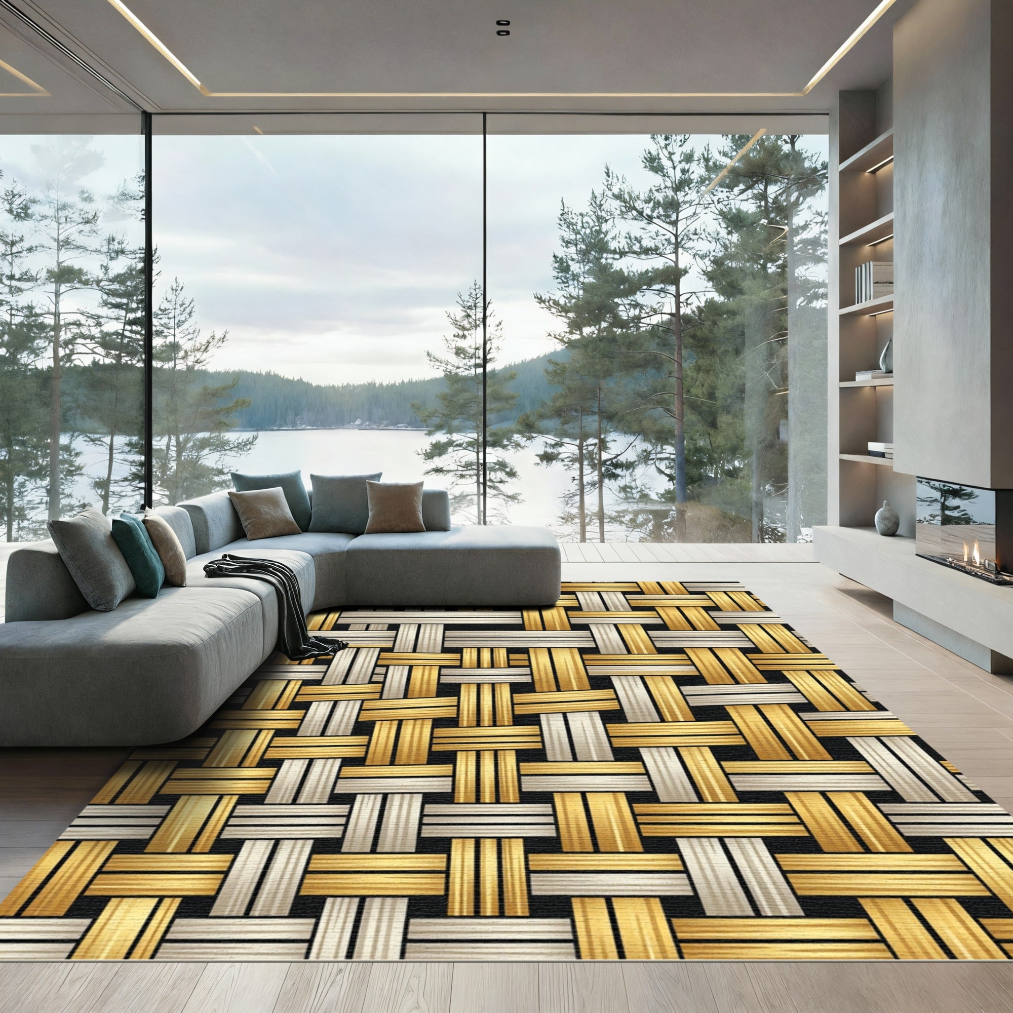 Golden Metallic Interwoven Woven Grid Rug