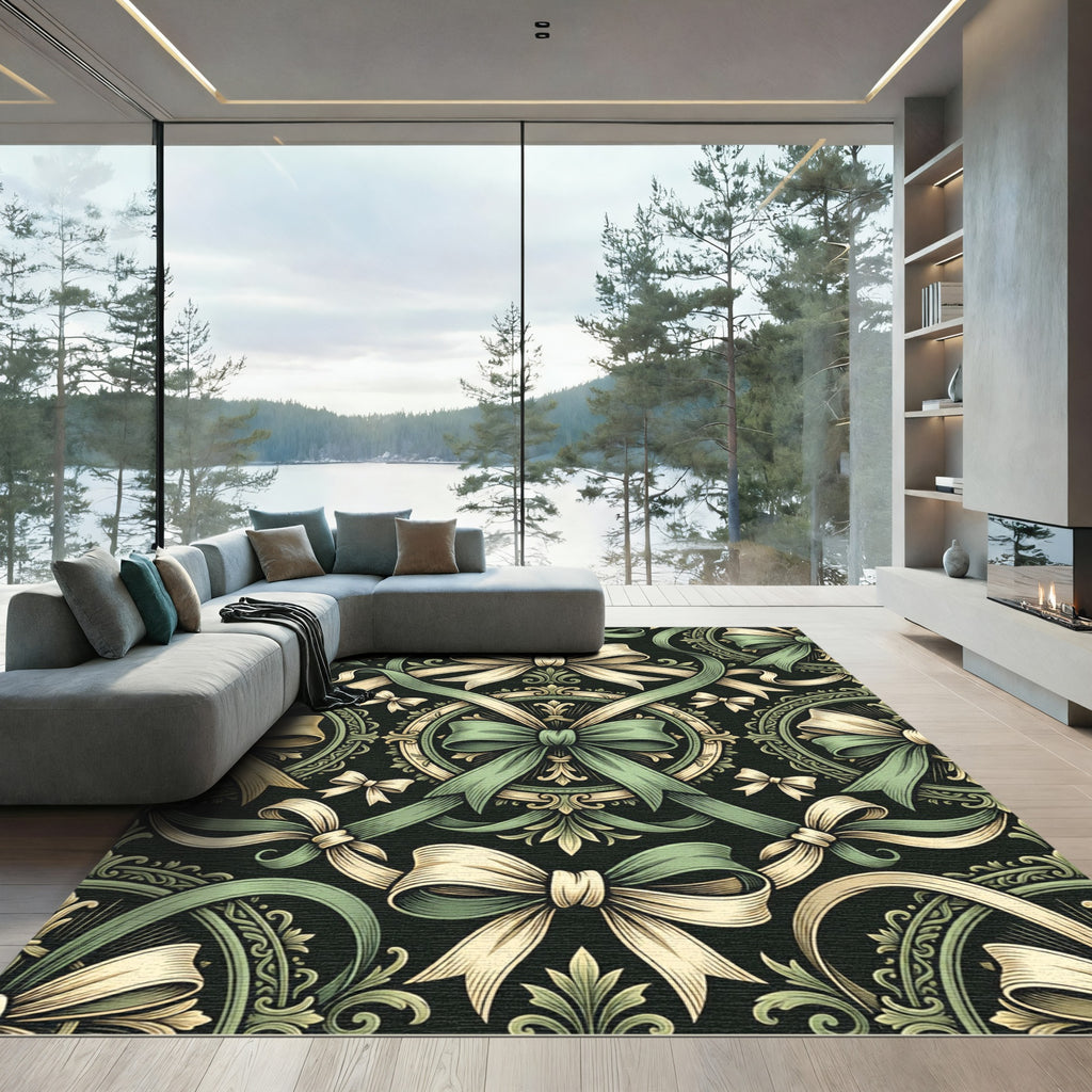 Victorian Sage And Cream Ribbon Damask Rug