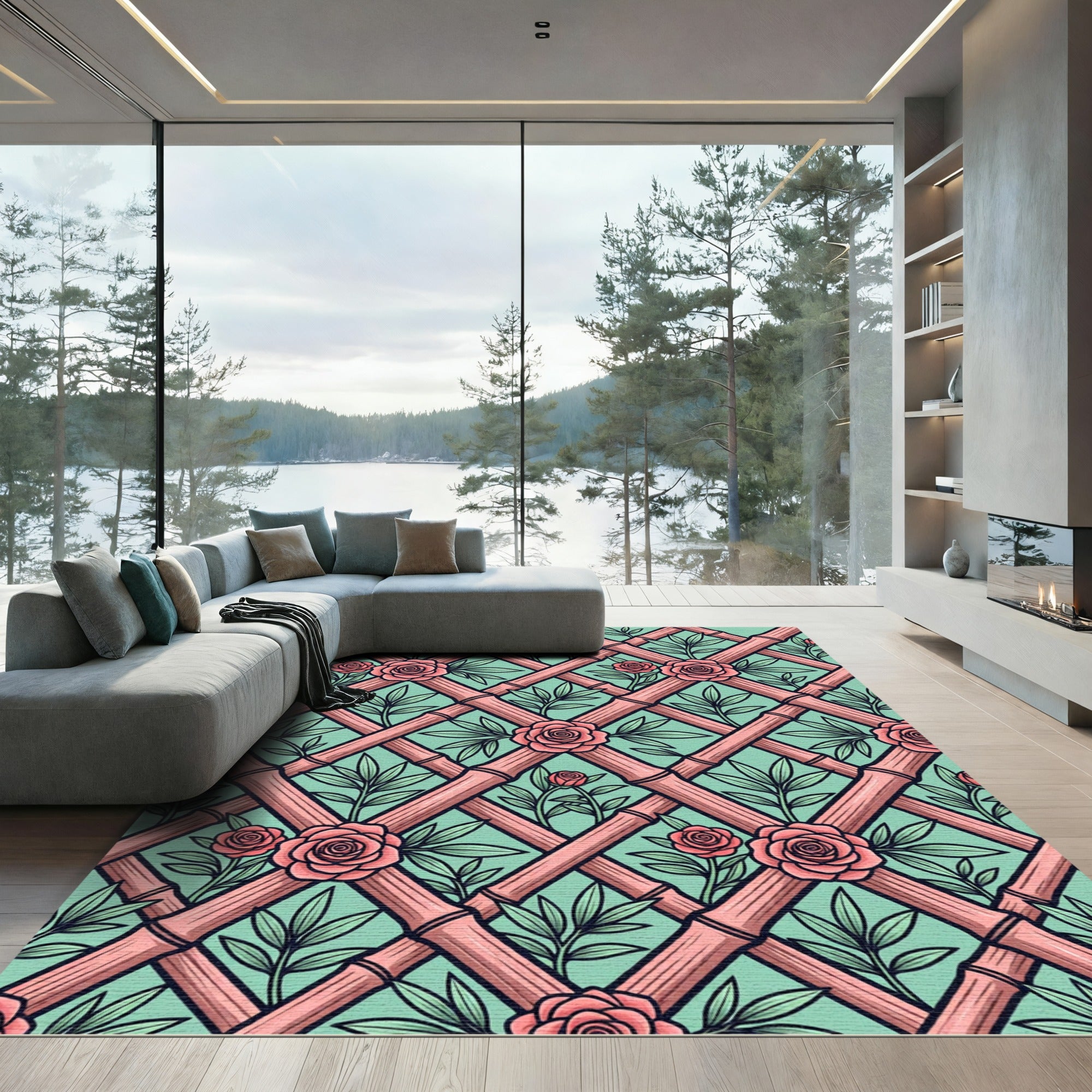 Pink Rose Lattice Bamboo Geometric Rug