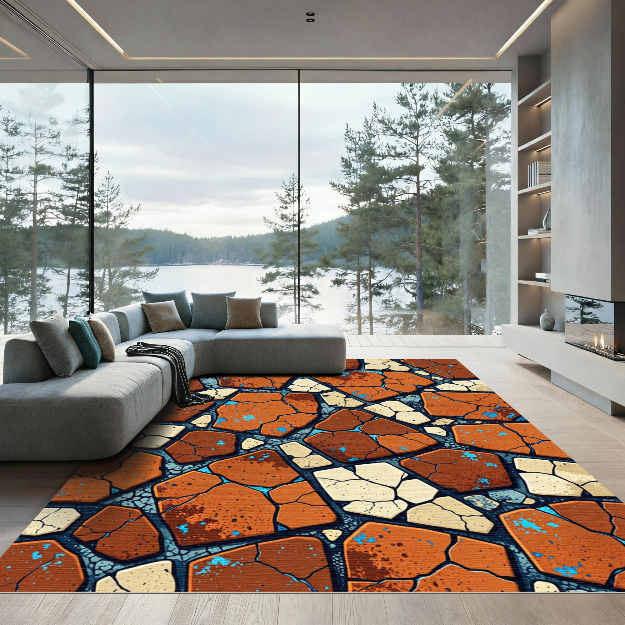 Terracotta Cracked Stone Mosaic Rug