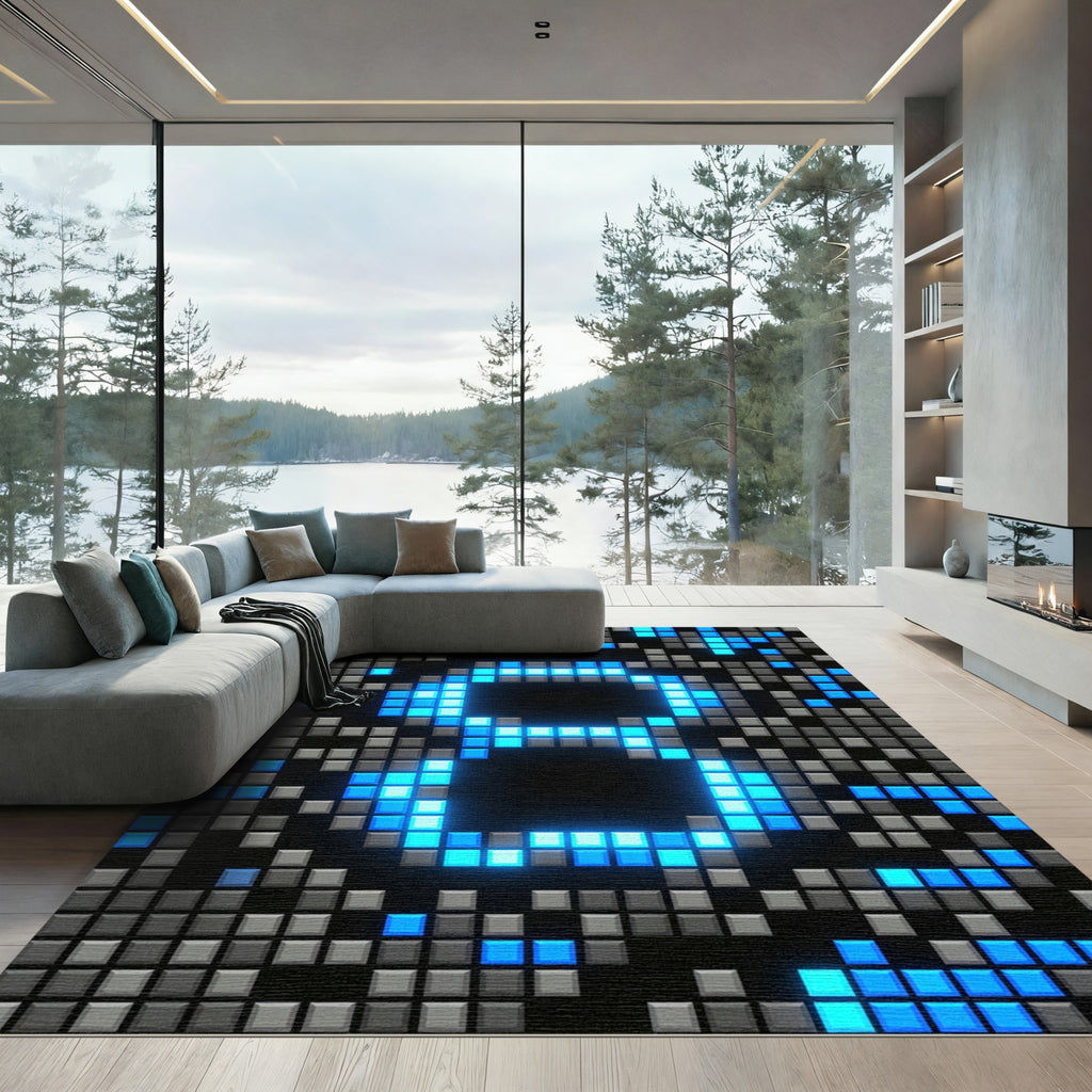 Glowing Digital Pixel Eight Art Rug