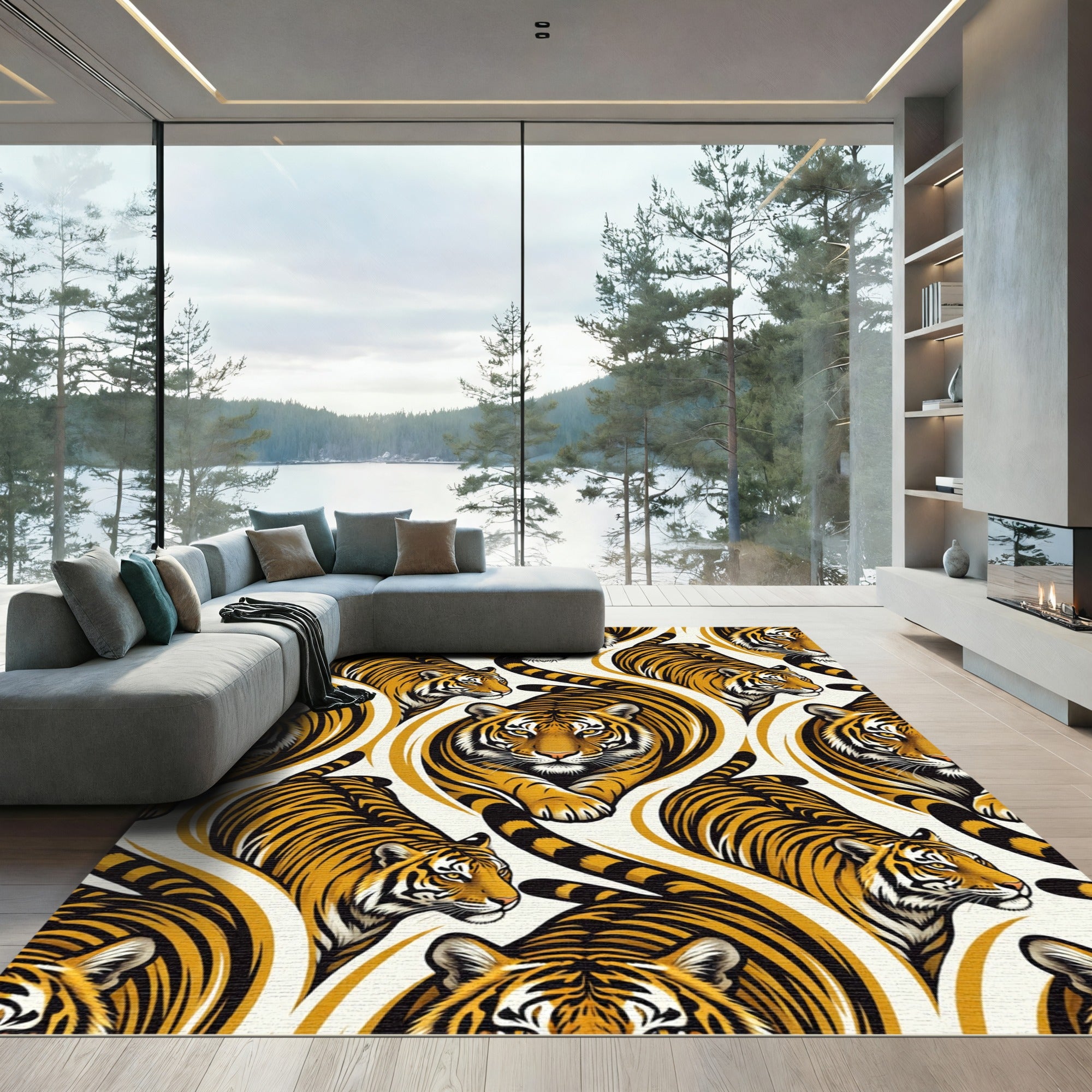 Golden Tiger Head Striped Swirl Rug