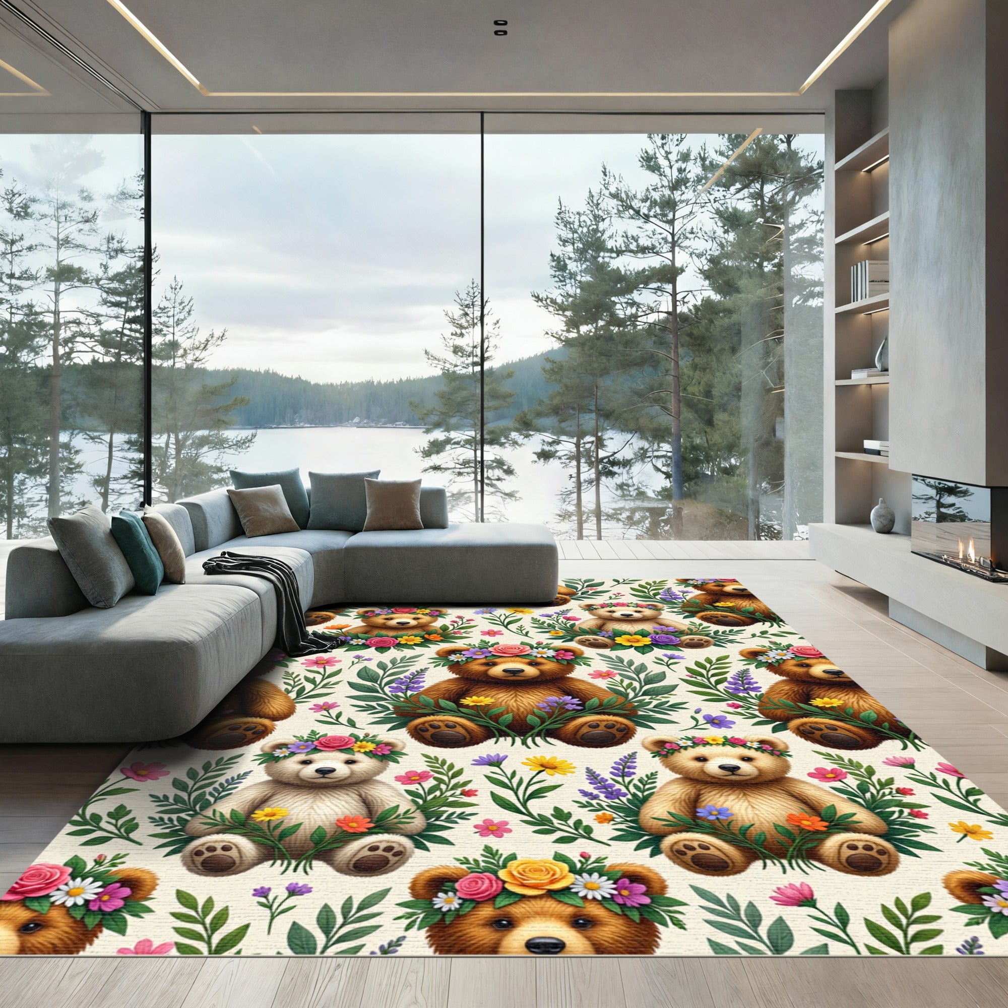 Whimsical Teddy Bear Floral Garden Rug