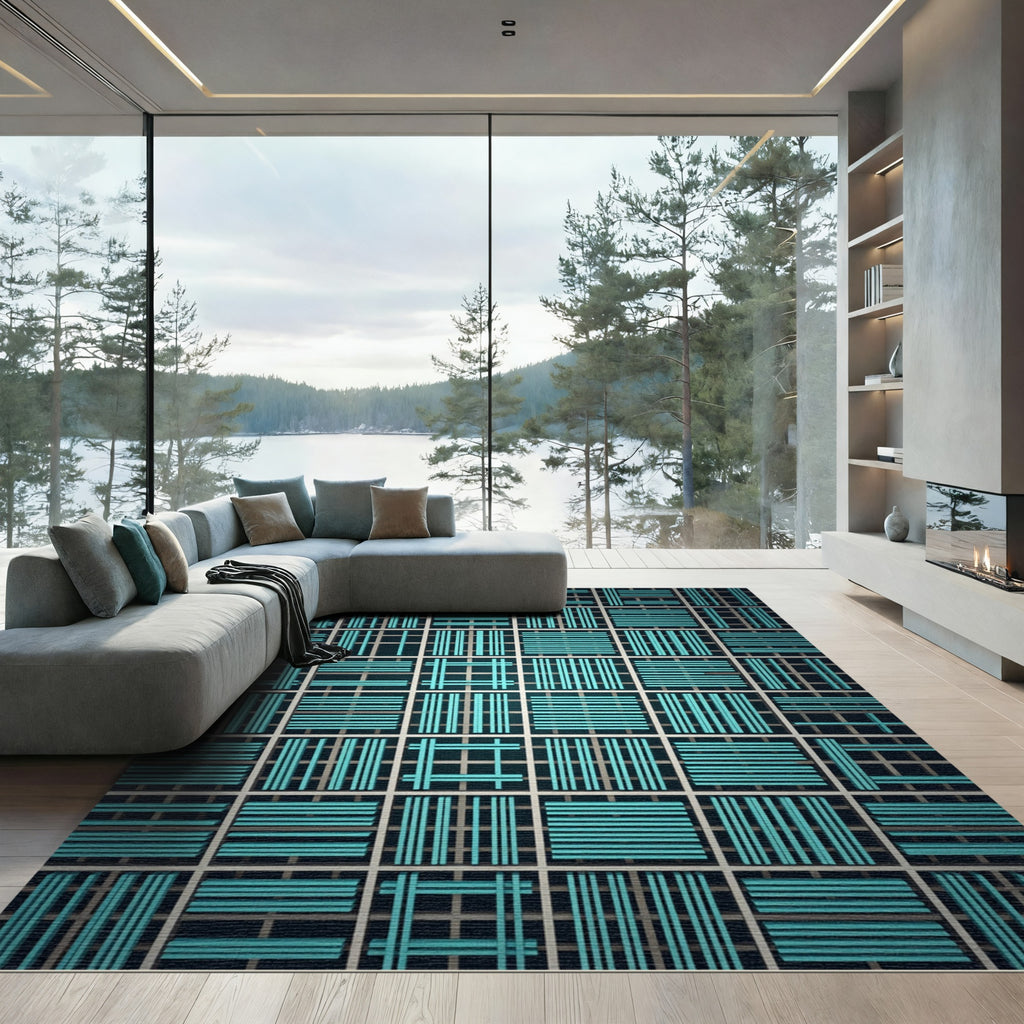 Teal Grid Geometric Weave Rug