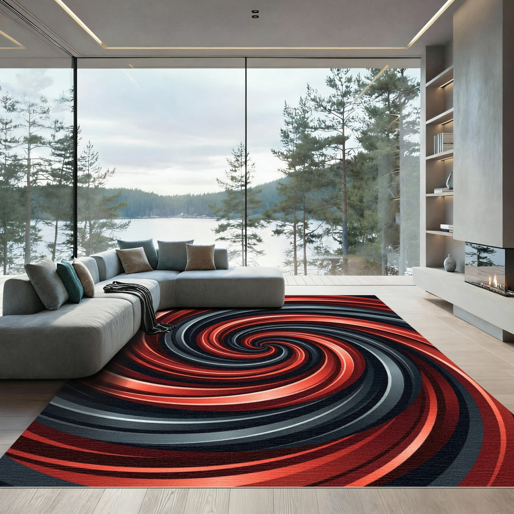 Modern Crimson and Charcoal Swirling Vortex Rug