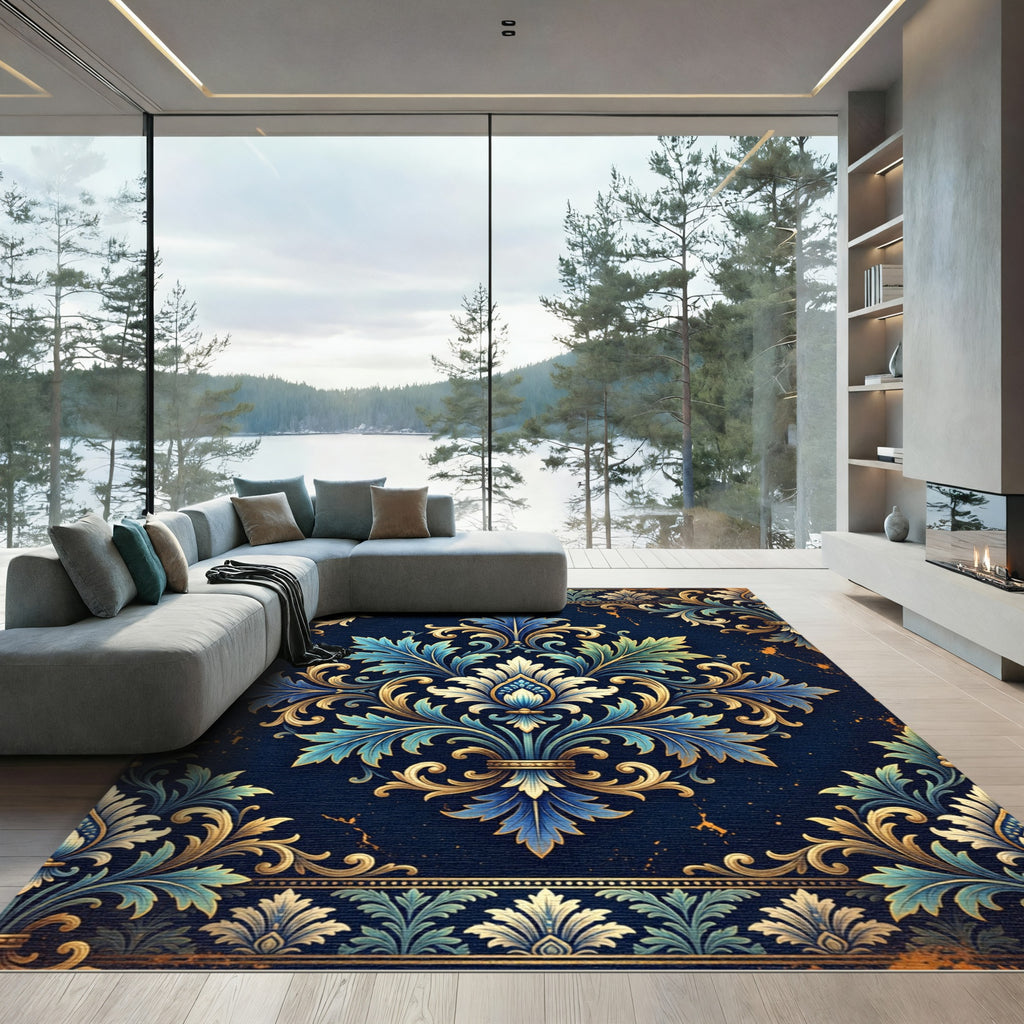 Royal Blue Gold Ornate Damask Acolyte Rug