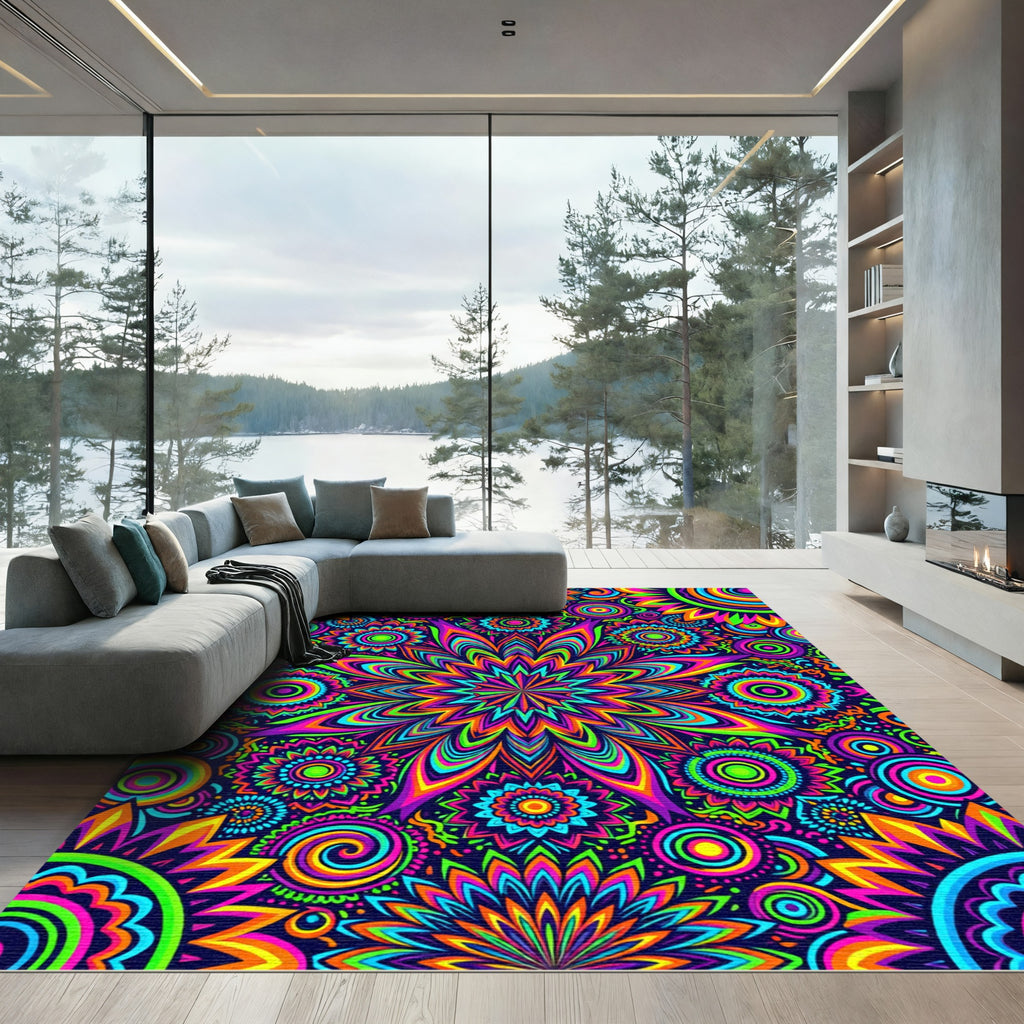 Neon Psychedelic Kaleidoscope Floral Medallion Rug
