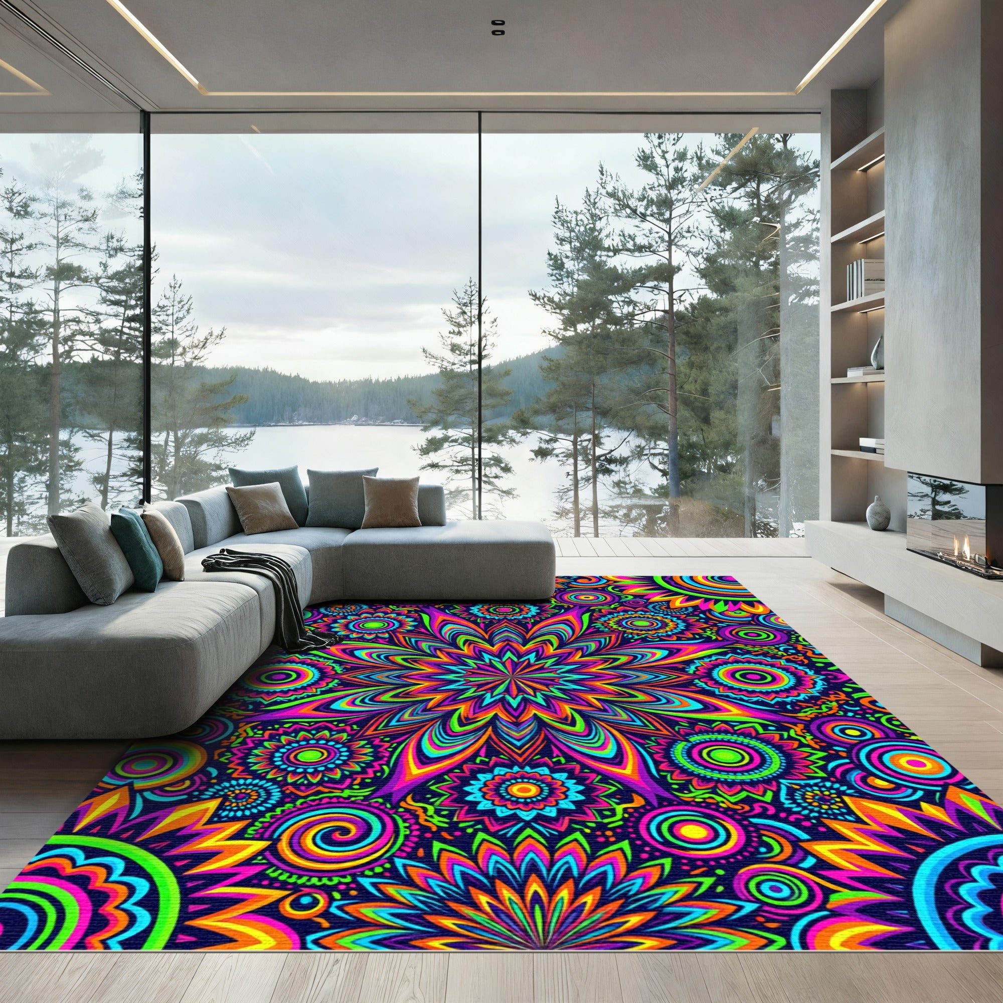 Neon Psychedelic Kaleidoscope Floral Medallion Rug