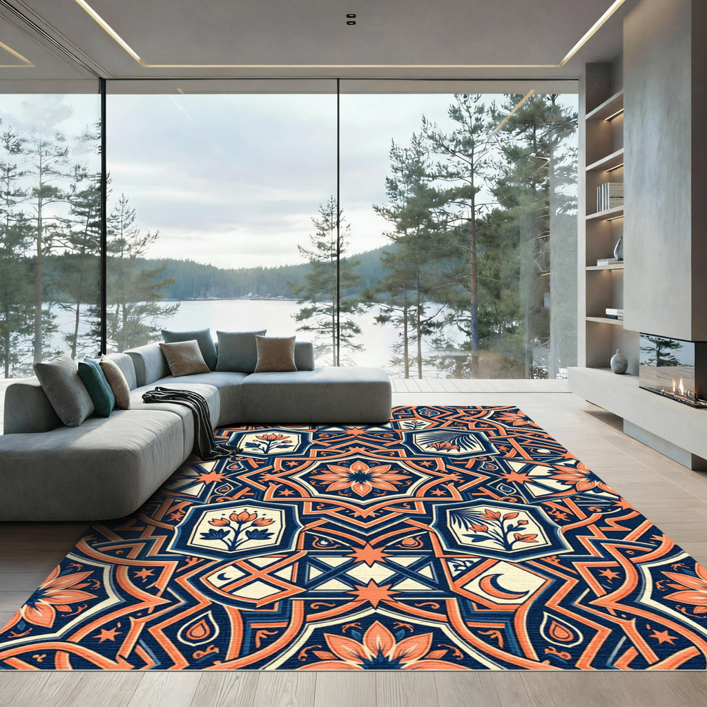 Celestial Blue and Peach Floral Medallion Rug