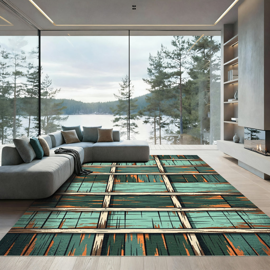Rustic Teal Wood Plank Weave Rug