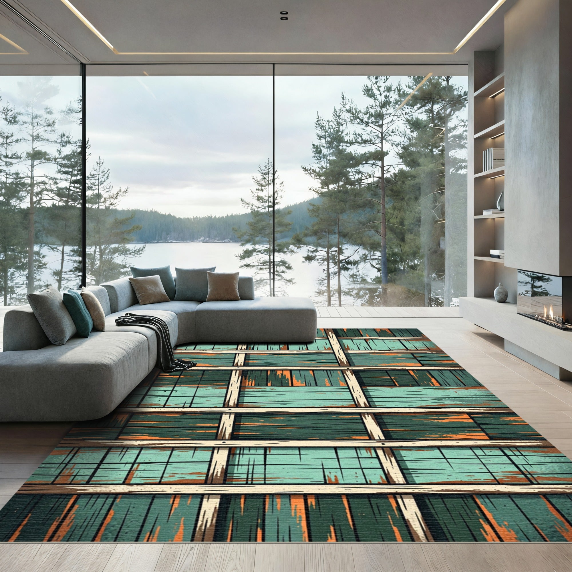 Rustic Teal Wood Plank Weave Rug