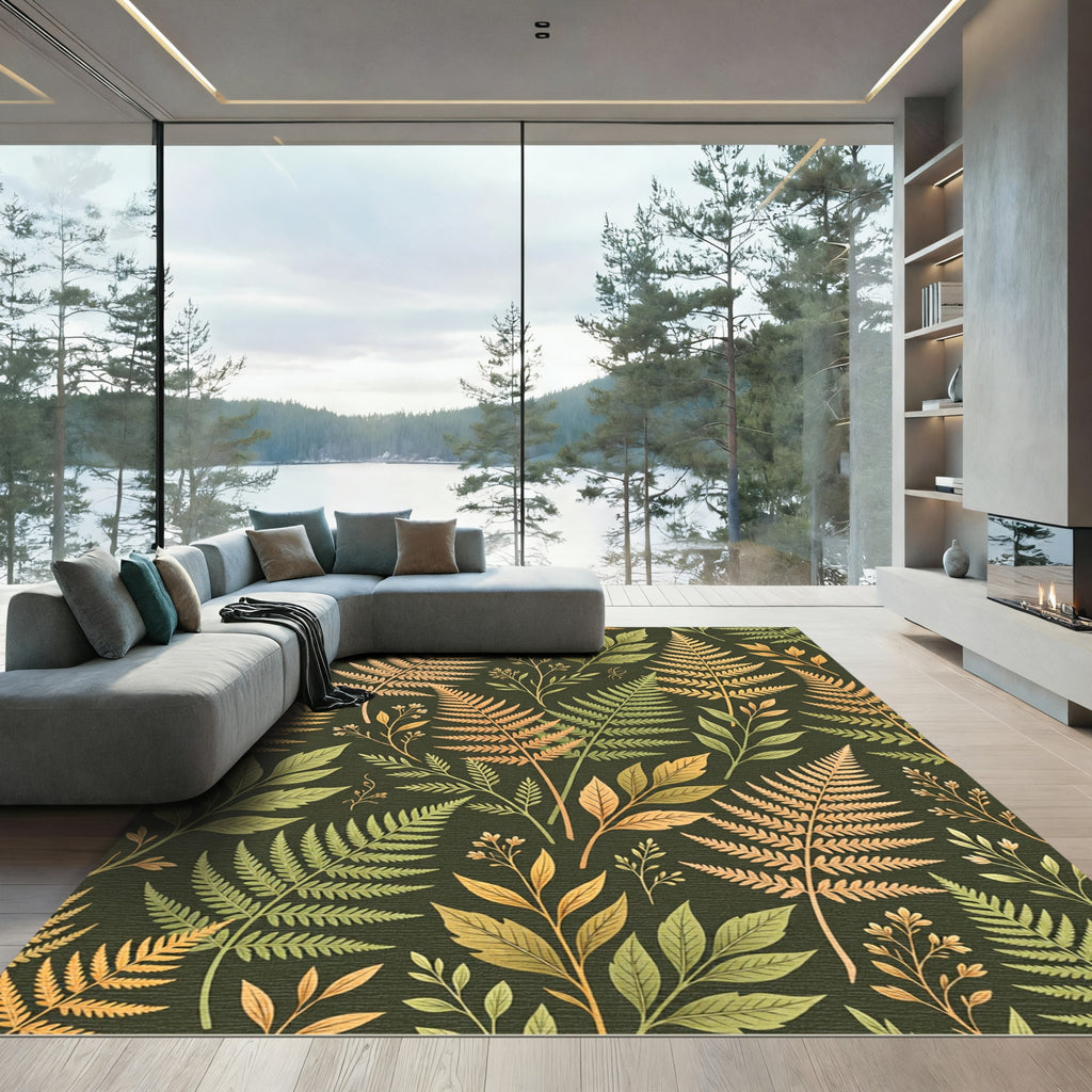 Lush Green and Gold Fern Forest Rug