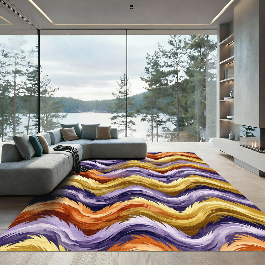 Golden Purple Abstract Wavy Swirls Rug