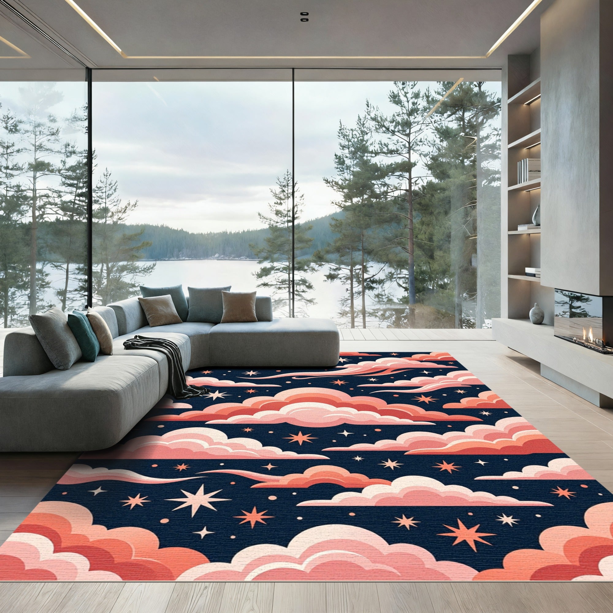 Celestial Coral Clouds and Starry Night Rug