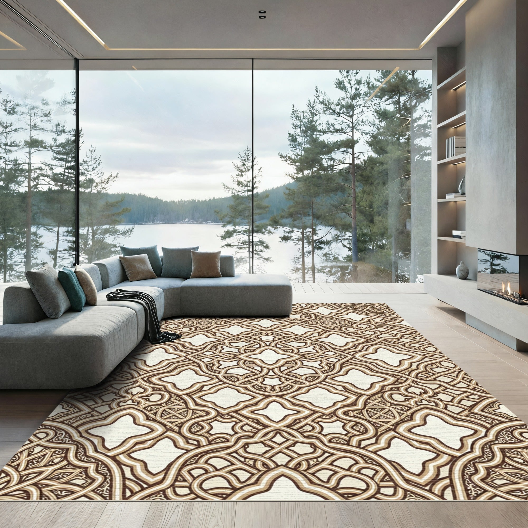 Intricate Beige Cream Interlocking Lattice Rug