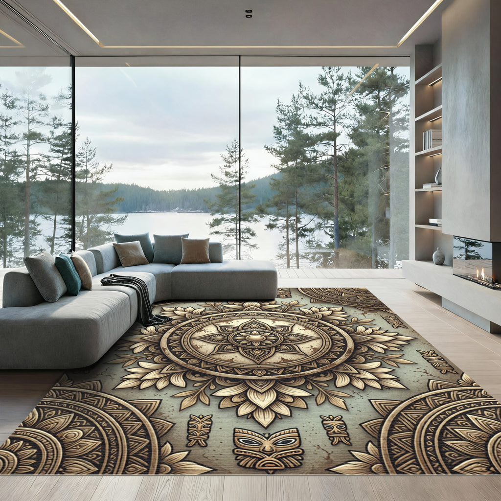 Gold Tiki Floral Mandala Rug