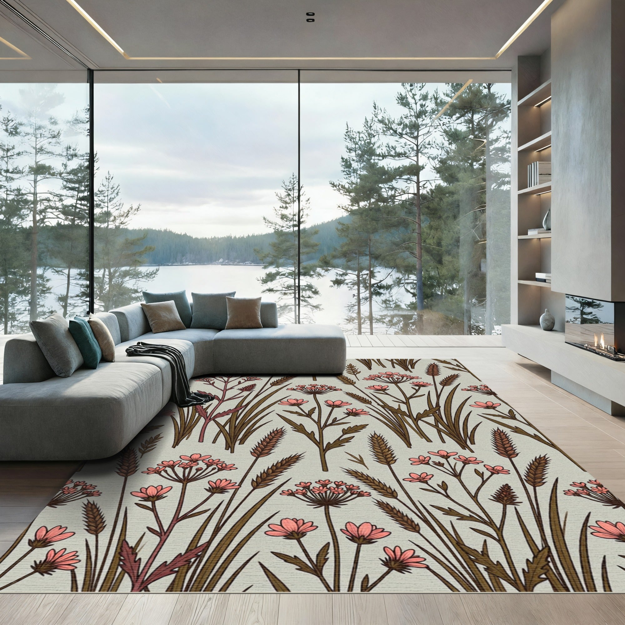 Coral Wildflower Meadow Grass Rug