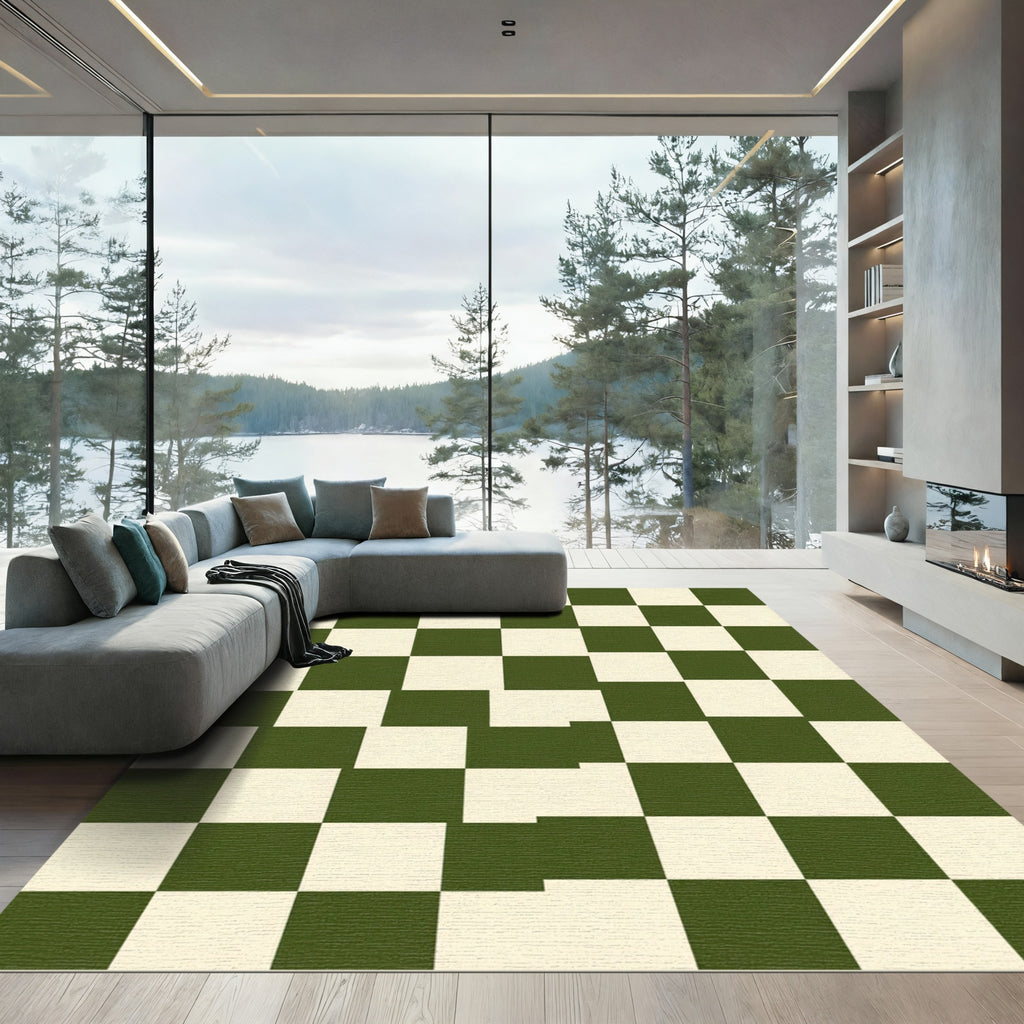 Olive Green and Cream Checkerboard Grid Rug