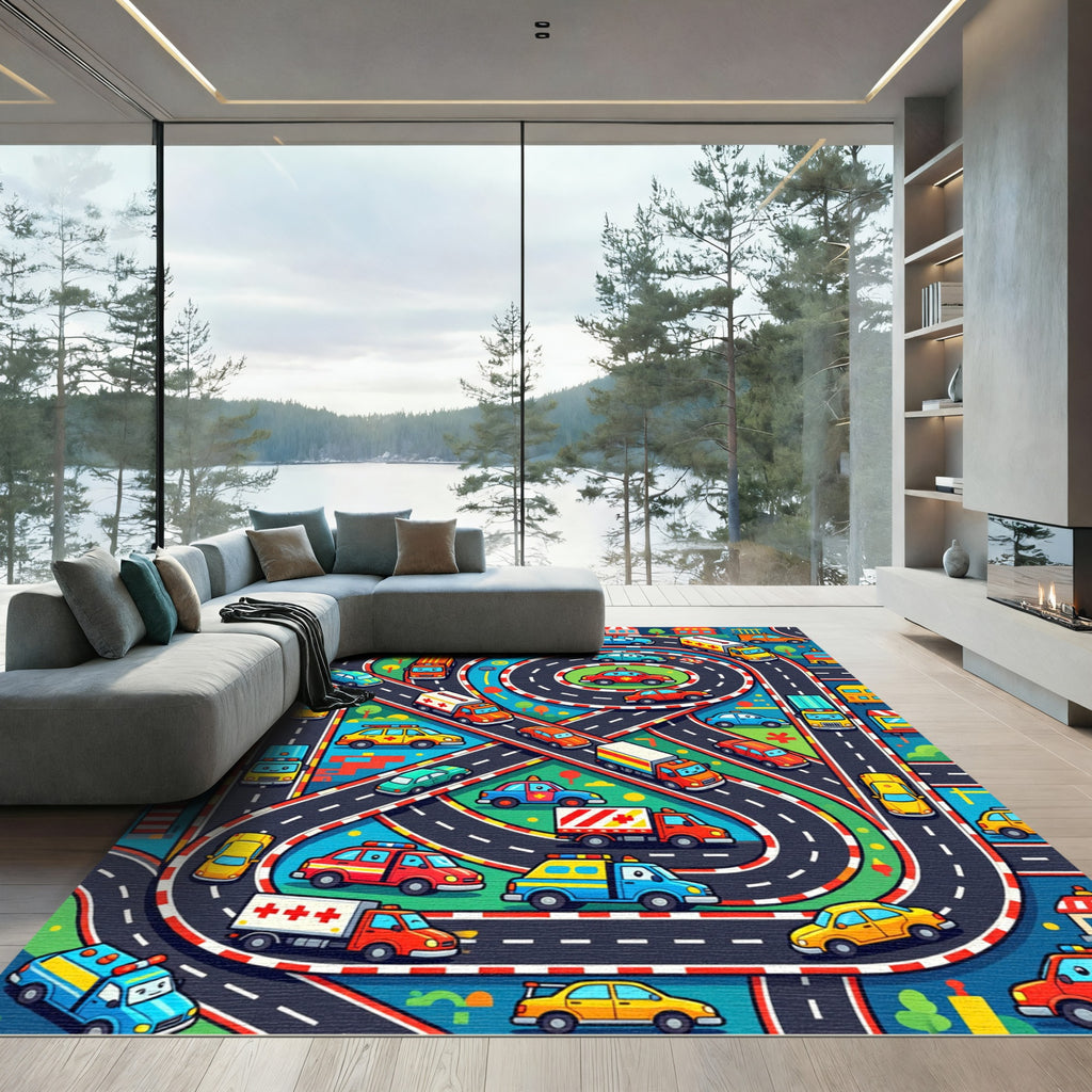 Colorful City Traffic Roadway Scene Rug