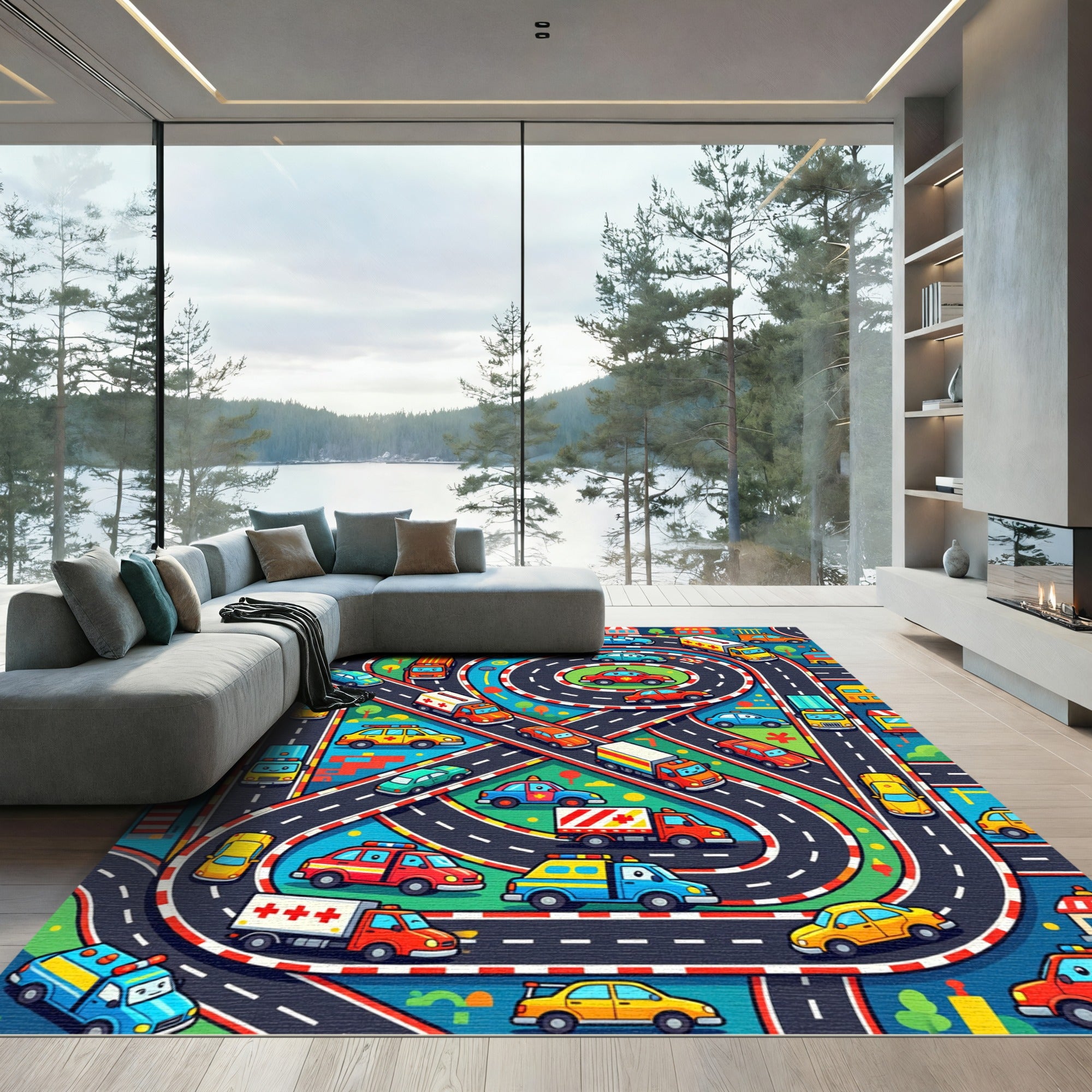 Colorful City Traffic Roadway Scene Rug