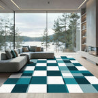Modern Teal Grid Geometric Squares Rug
