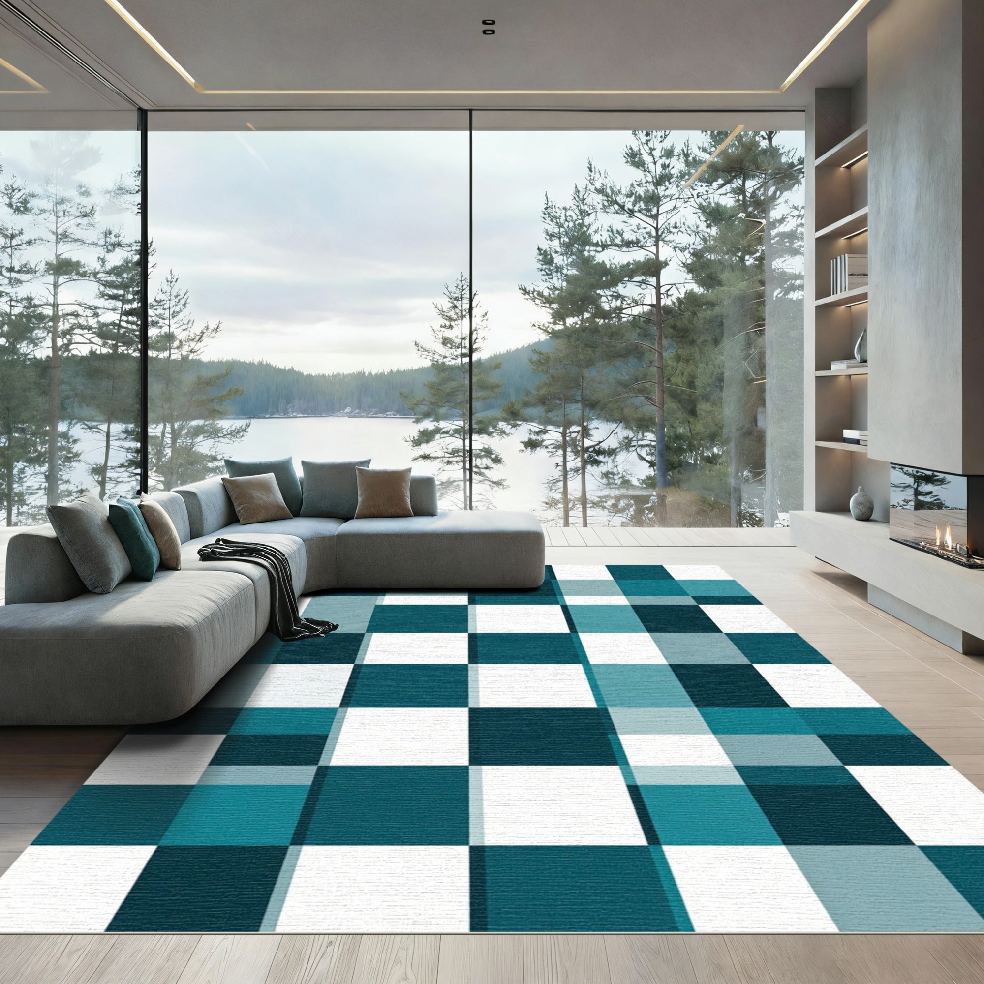 Modern Teal Grid Geometric Squares Rug