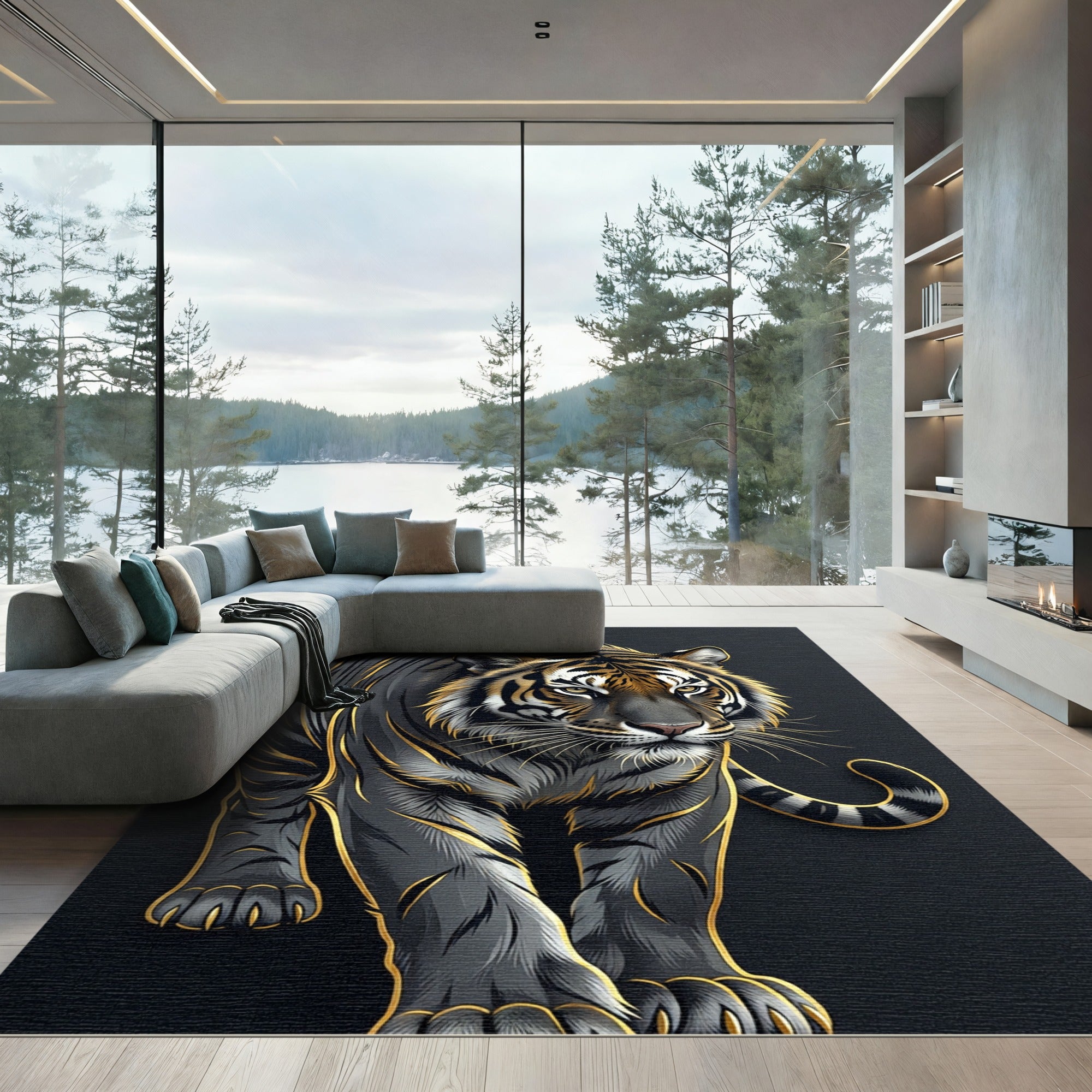 Majestic Charcoal Tiger with Golden Accents Rug