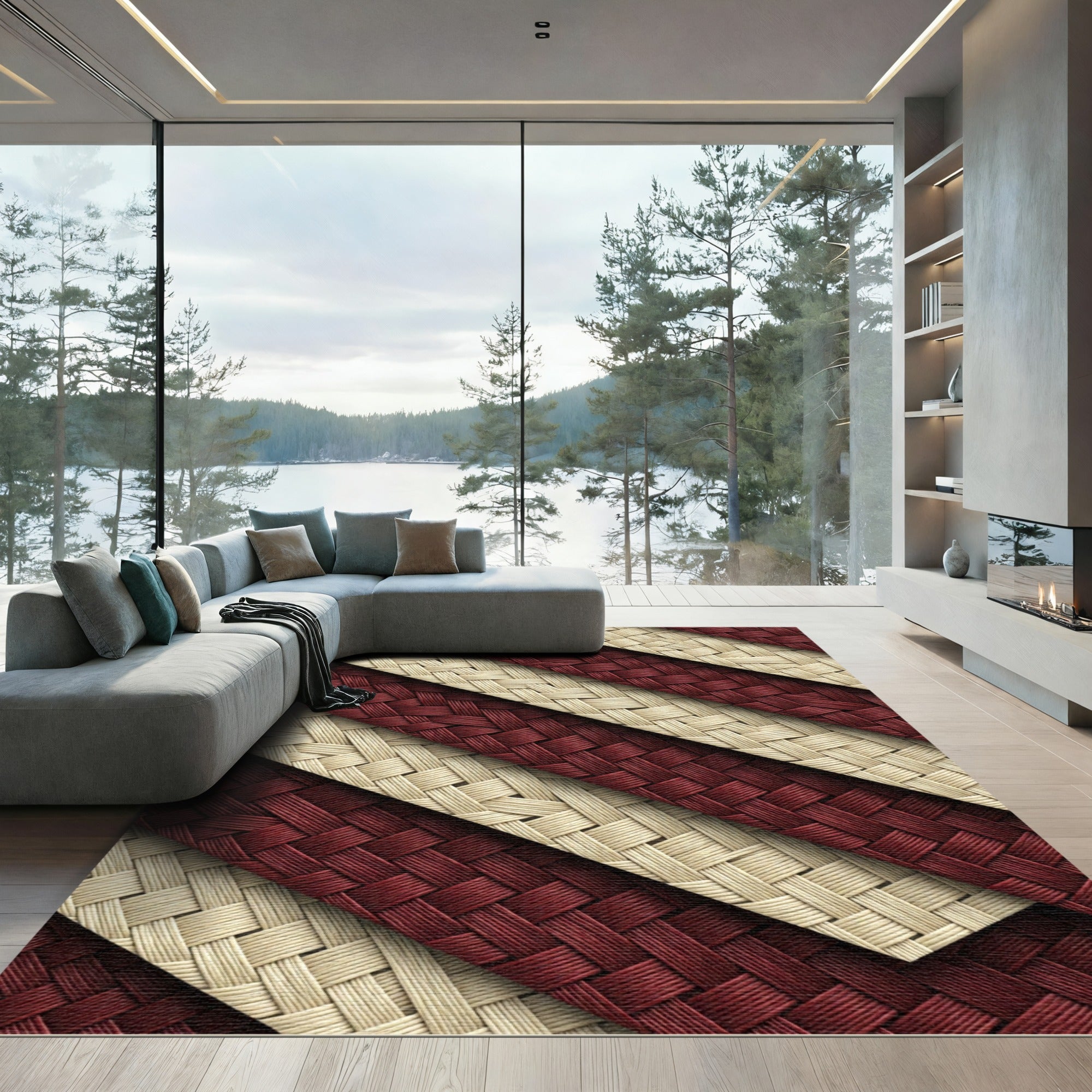 Crimson Ivory Diagonal Weave Texture Rug